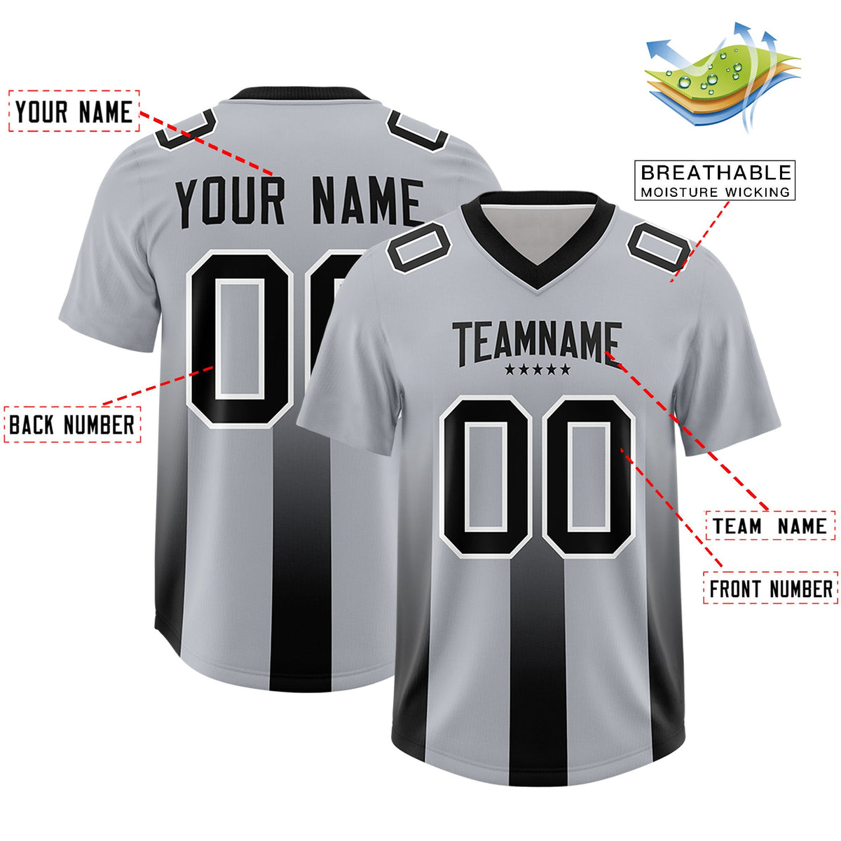 Custom Gray Black Vertical Width Stripe Gradient Fashion Personalized Team American Football Jersey