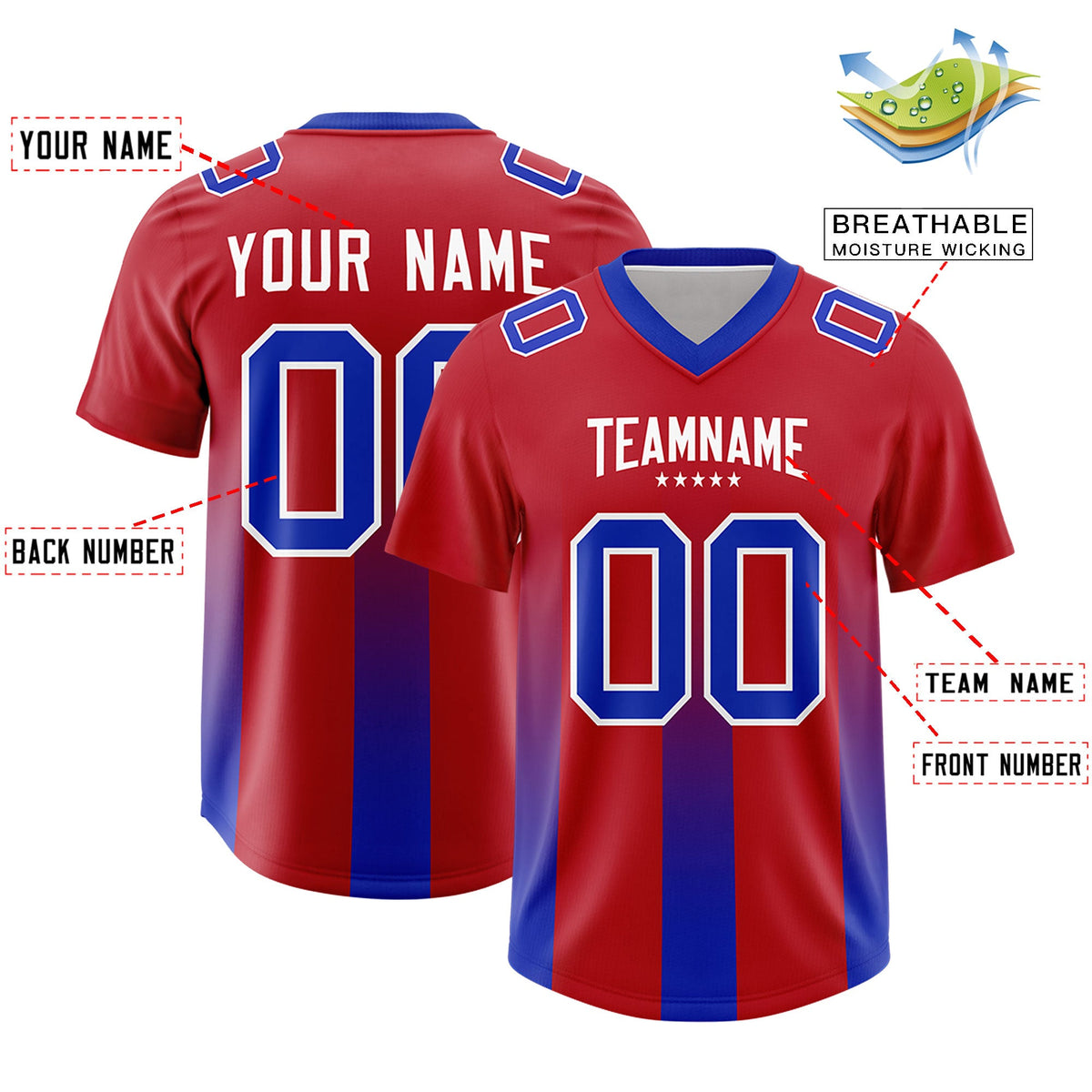 Custom Red Royal Vertical Width Stripe Gradient Fashion Personalized Team American Football Jersey