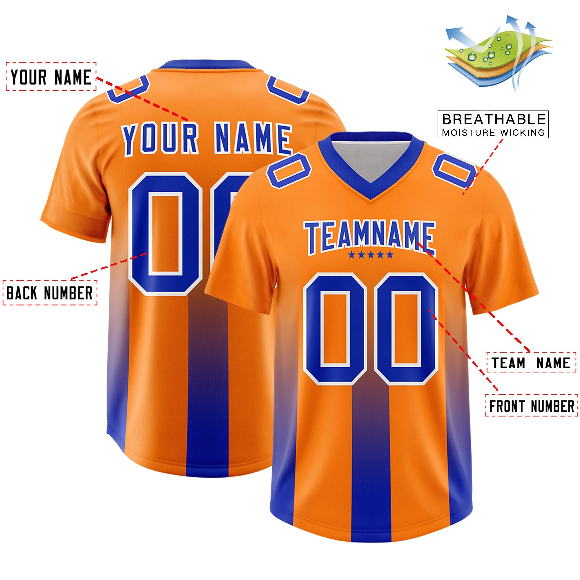 Custom Orange Royal Vertical Width Stripe Gradient Fashion Personalized Team American Football Jersey