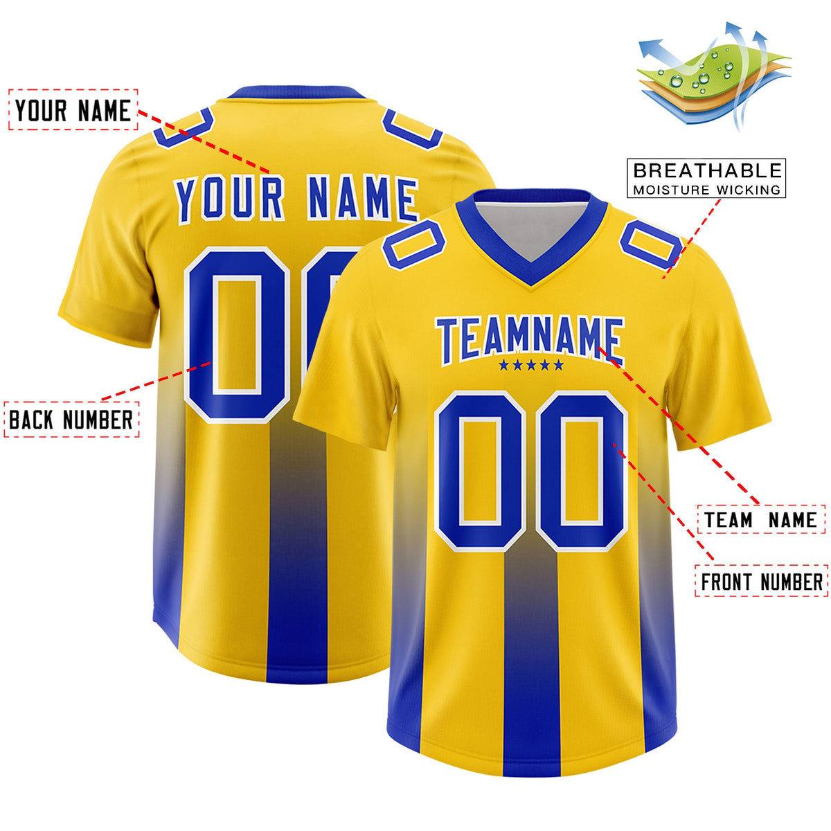 Custom Yellow Royal Vertical Width Stripe Gradient Fashion Personalized Team American Football Jersey