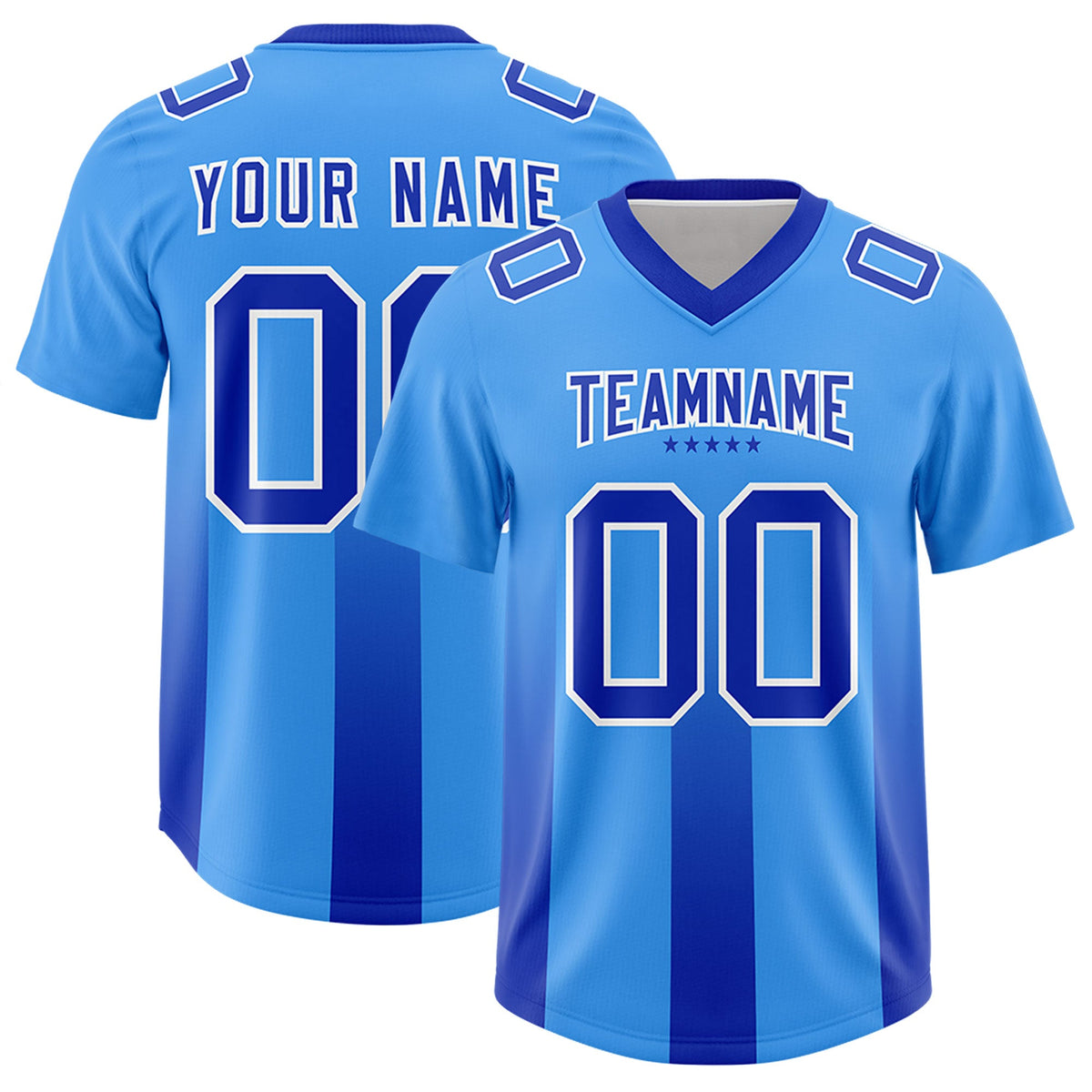 Custom Light Blue Royal Vertical Width Stripe Gradient Fashion Personalized Team American Football Jersey