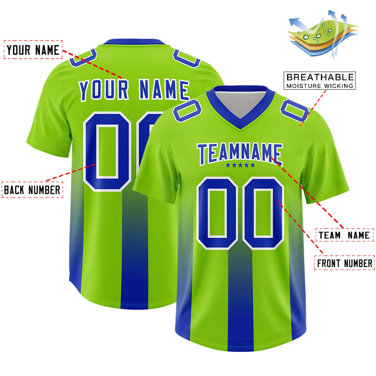 Custom Neon Green Royal Vertical Width Stripe Gradient Fashion Personalized Team American Football Jersey