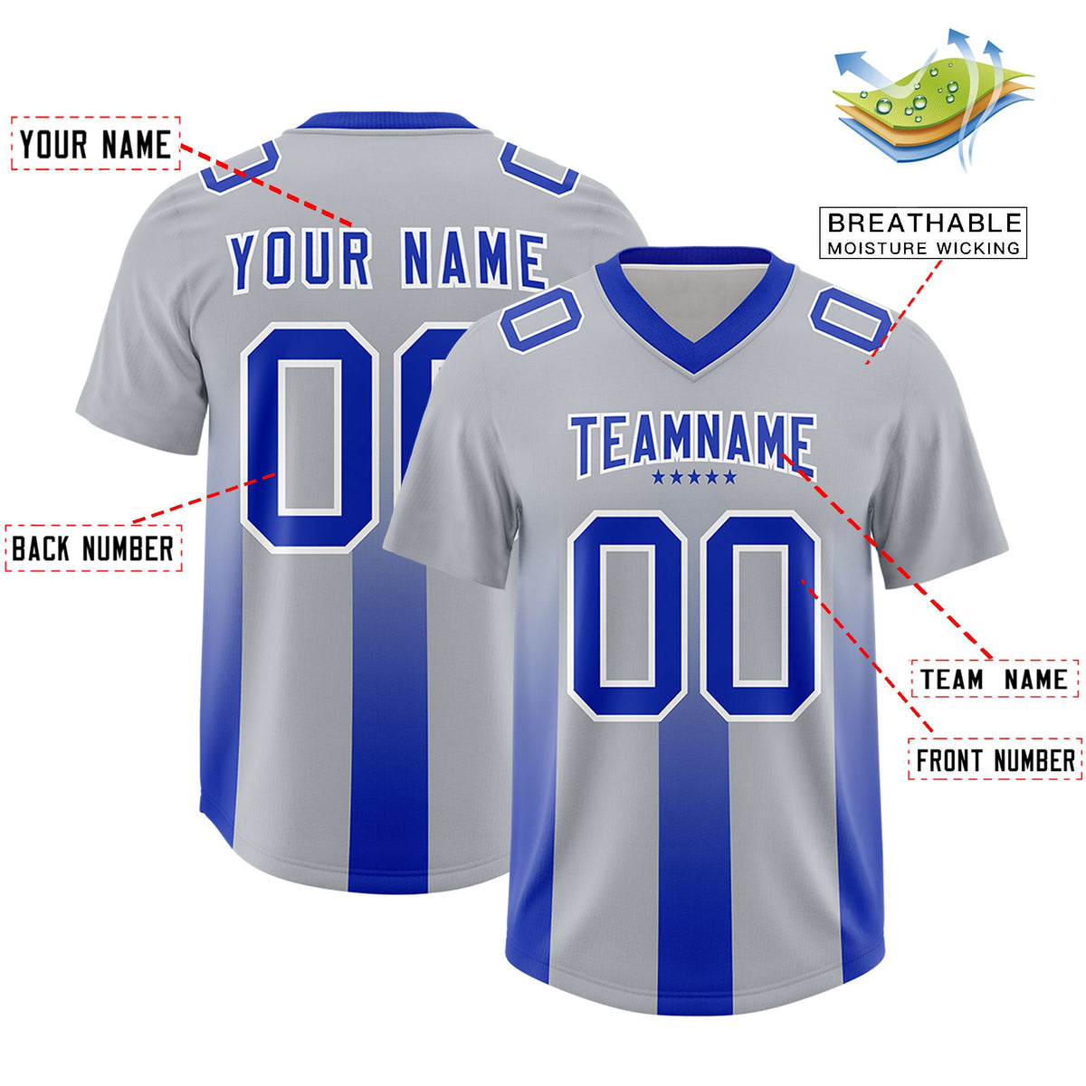 Custom Gray Royal Vertical Width Stripe Gradient Fashion Personalized Team American Football Jersey