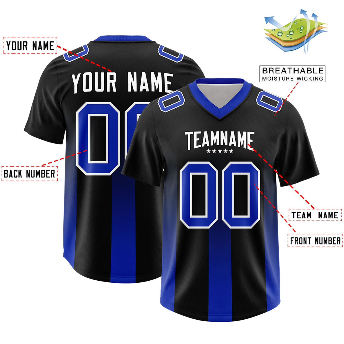 Custom Black Royal Vertical Width Stripe Gradient Fashion Personalized Team American Football Jersey