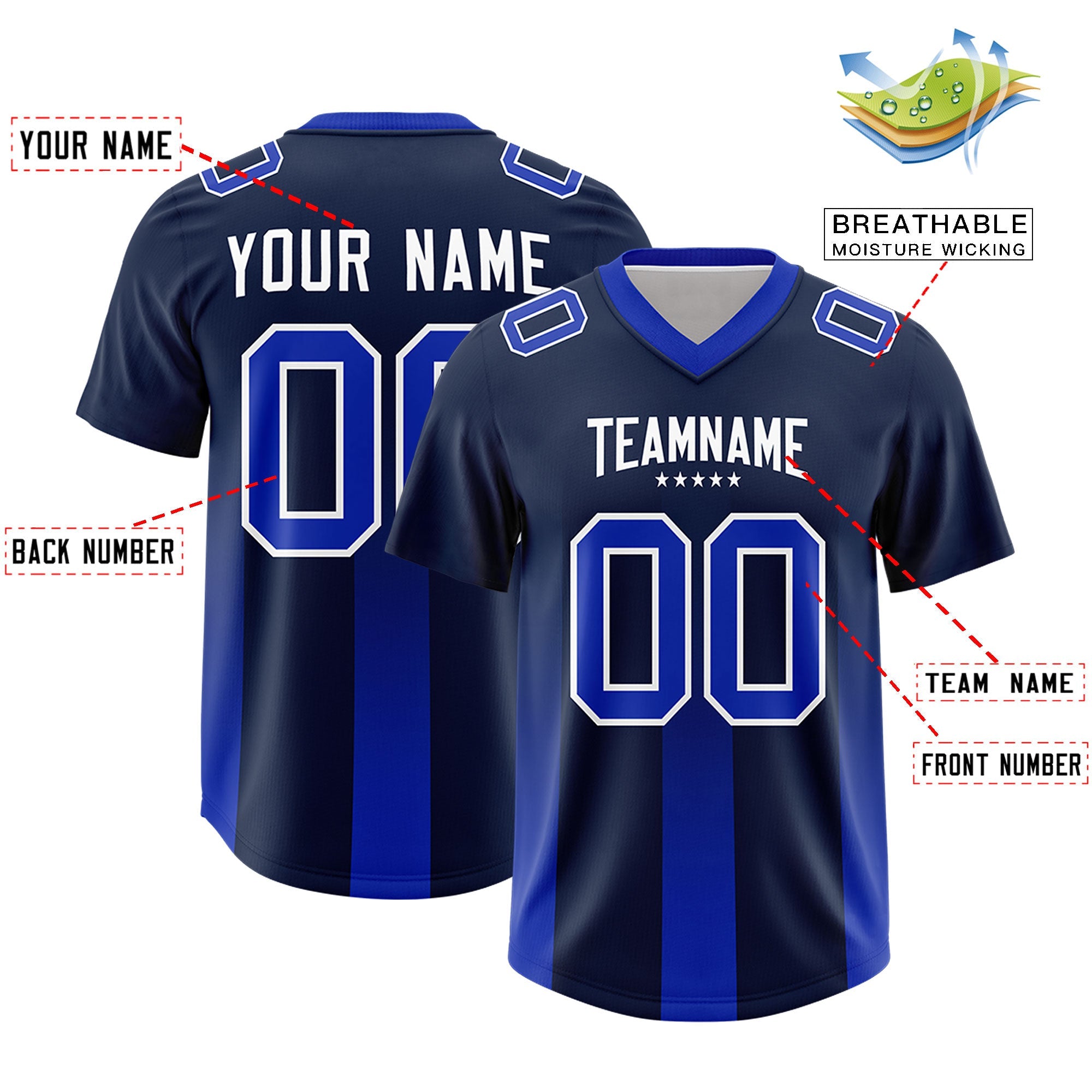 Custom Navy Royal Vertical Width Stripe Gradient Fashion Personalized Team American Football Jersey