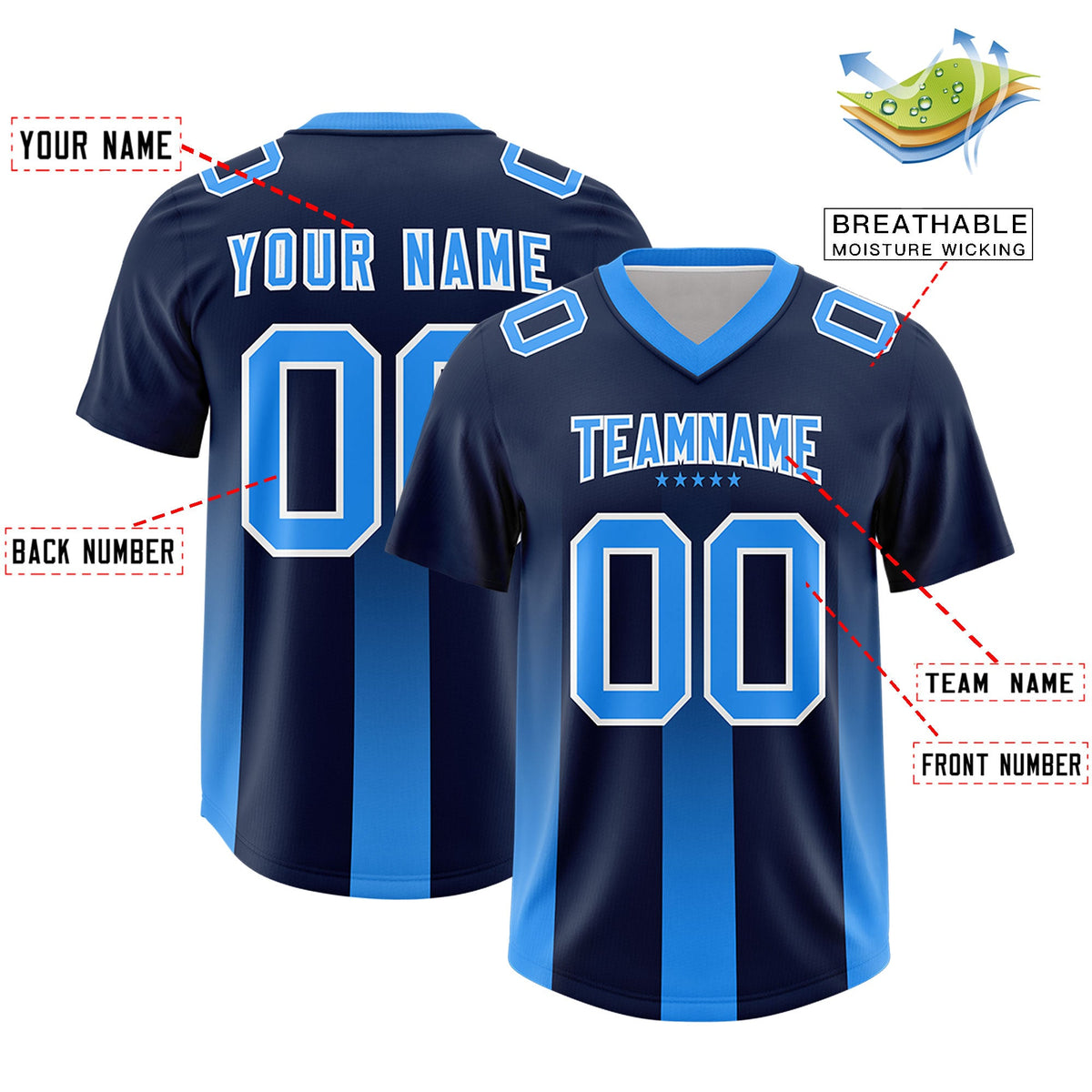 Custom Navy Light Blue Vertical Width Stripe Gradient Fashion Personalized Team American Football Jersey