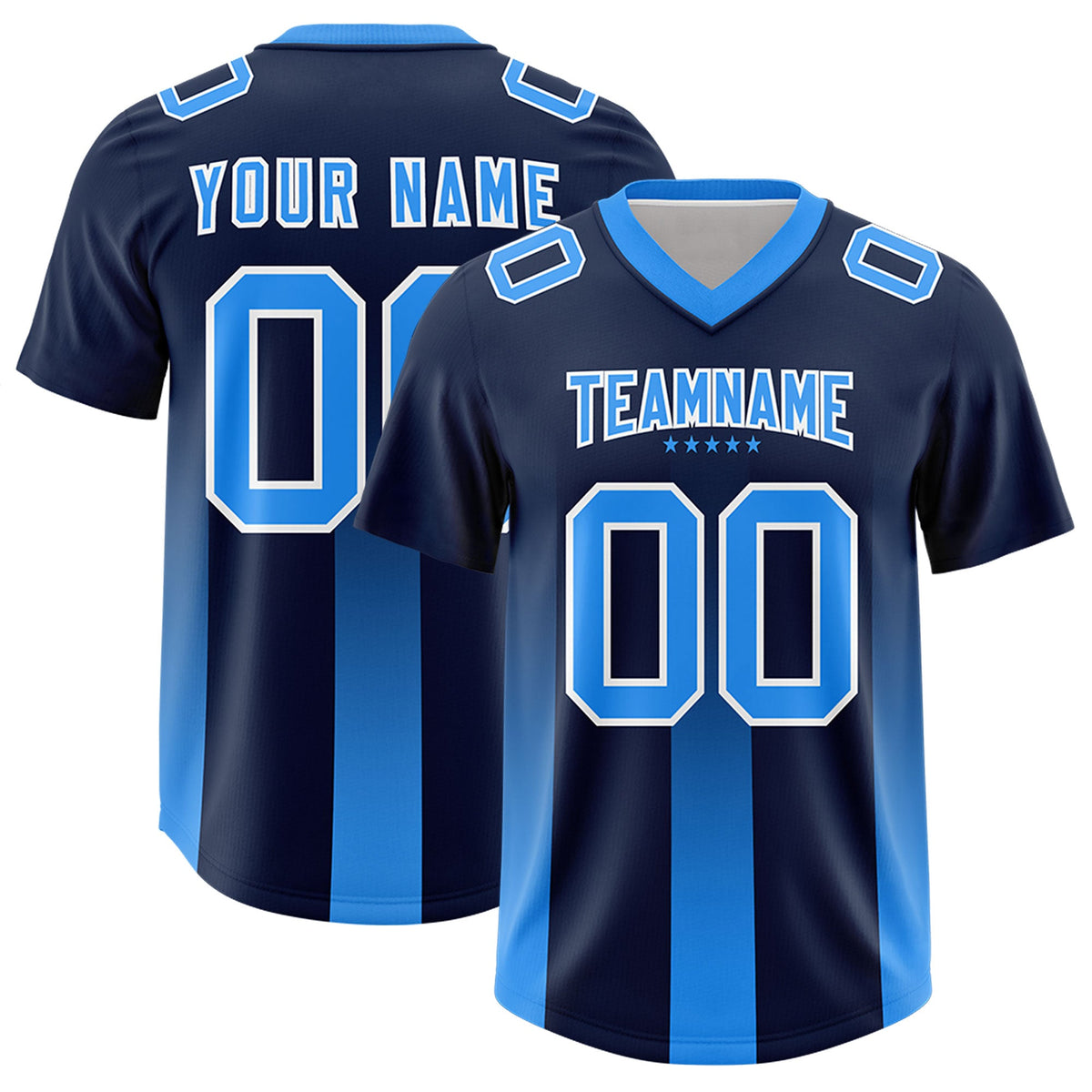 Custom Navy Light Blue Vertical Width Stripe Gradient Fashion Personalized Team American Football Jersey