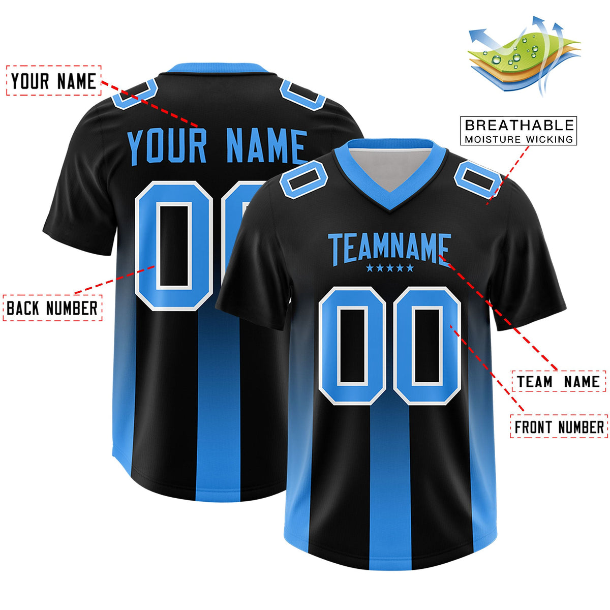 Custom Black Light Blue Vertical Width Stripe Gradient Fashion Personalized Team American Football Jersey