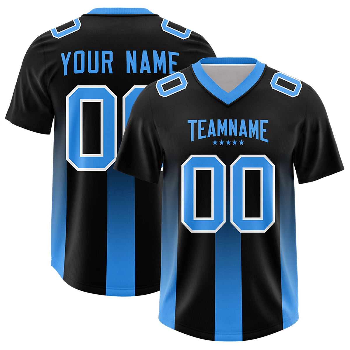 Custom Black Light Blue Vertical Width Stripe Gradient Fashion Personalized Team American Football Jersey