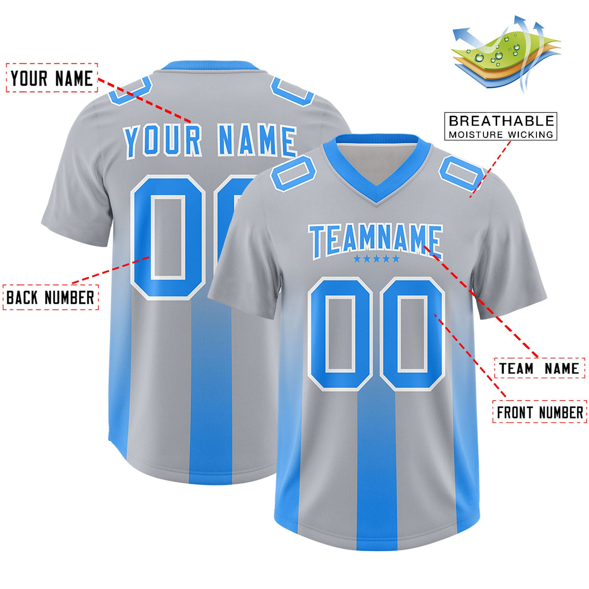 Custom Gray Light Blue Vertical Width Stripe Gradient Fashion Personalized Team American Football Jersey