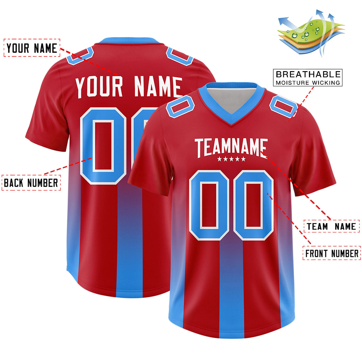 Custom Red Light Blue Vertical Width Stripe Gradient Fashion Personalized Team American Football Jersey