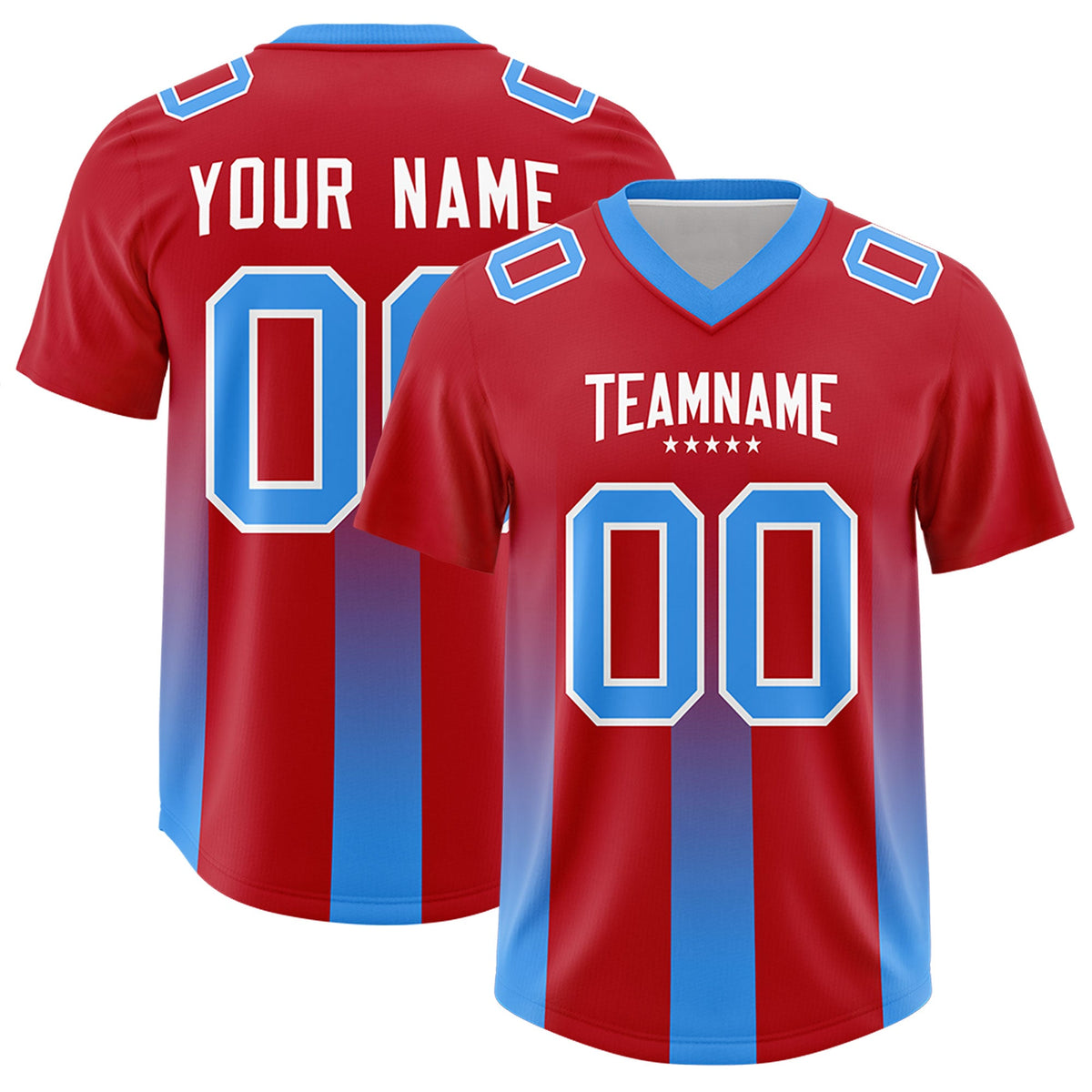 Custom Red Light Blue Vertical Width Stripe Gradient Fashion Personalized Team American Football Jersey