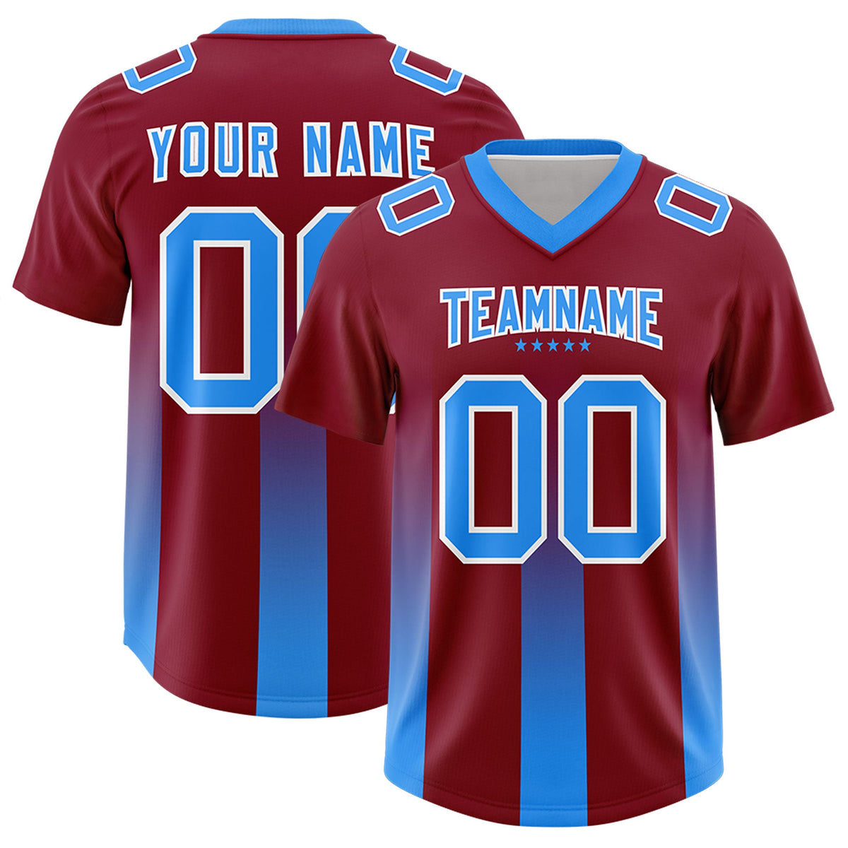 Custom Cardinal Light Blue Vertical Width Stripe Gradient Fashion Personalized Team American Football Jersey