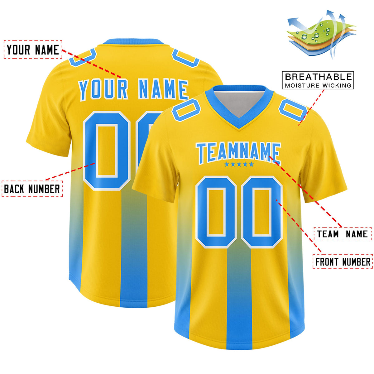Custom Yellow Light Blue Vertical Width Stripe Gradient Fashion Personalized Team American Football Jersey