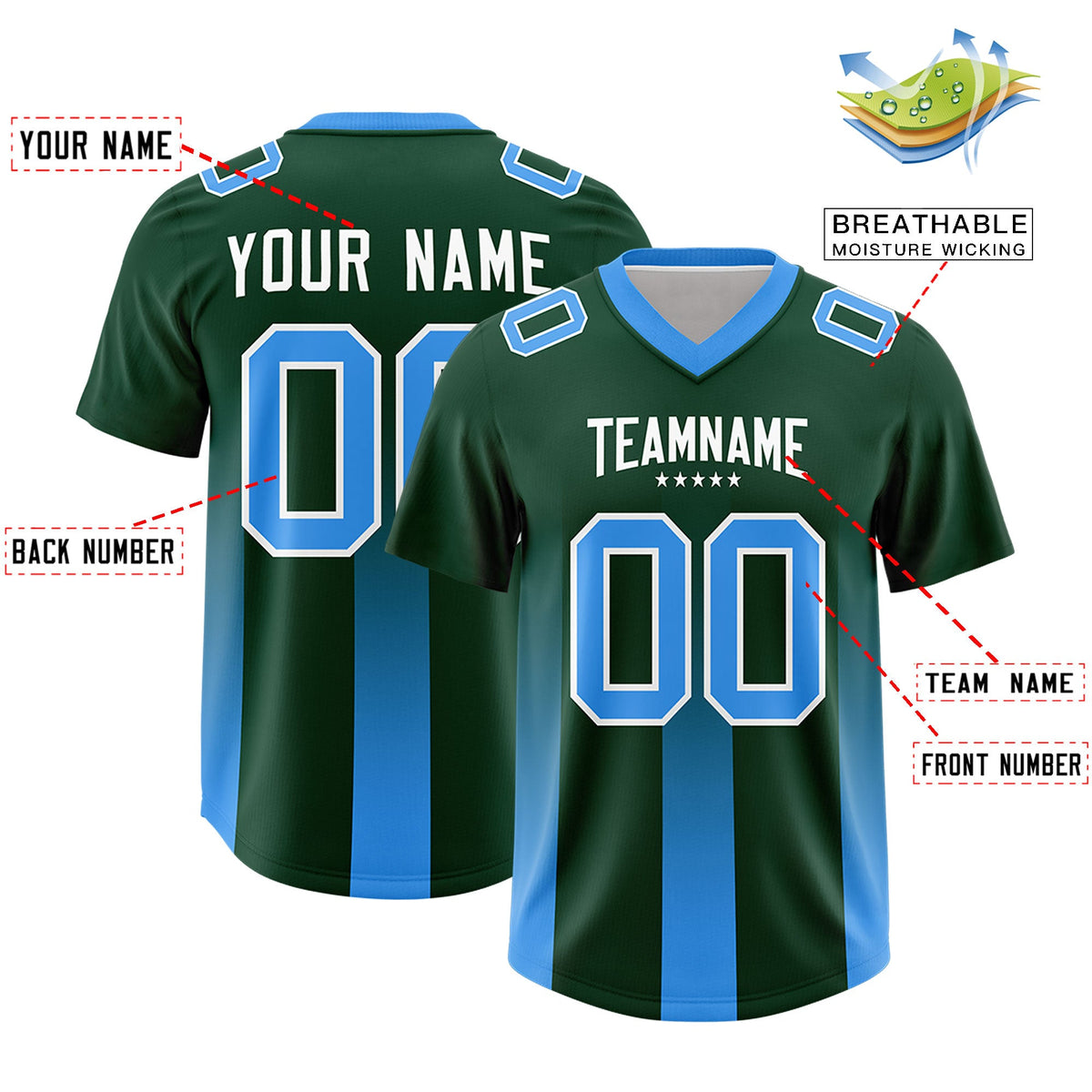 Custom Green Light Blue Vertical Width Stripe Gradient Fashion Personalized Team American Football Jersey