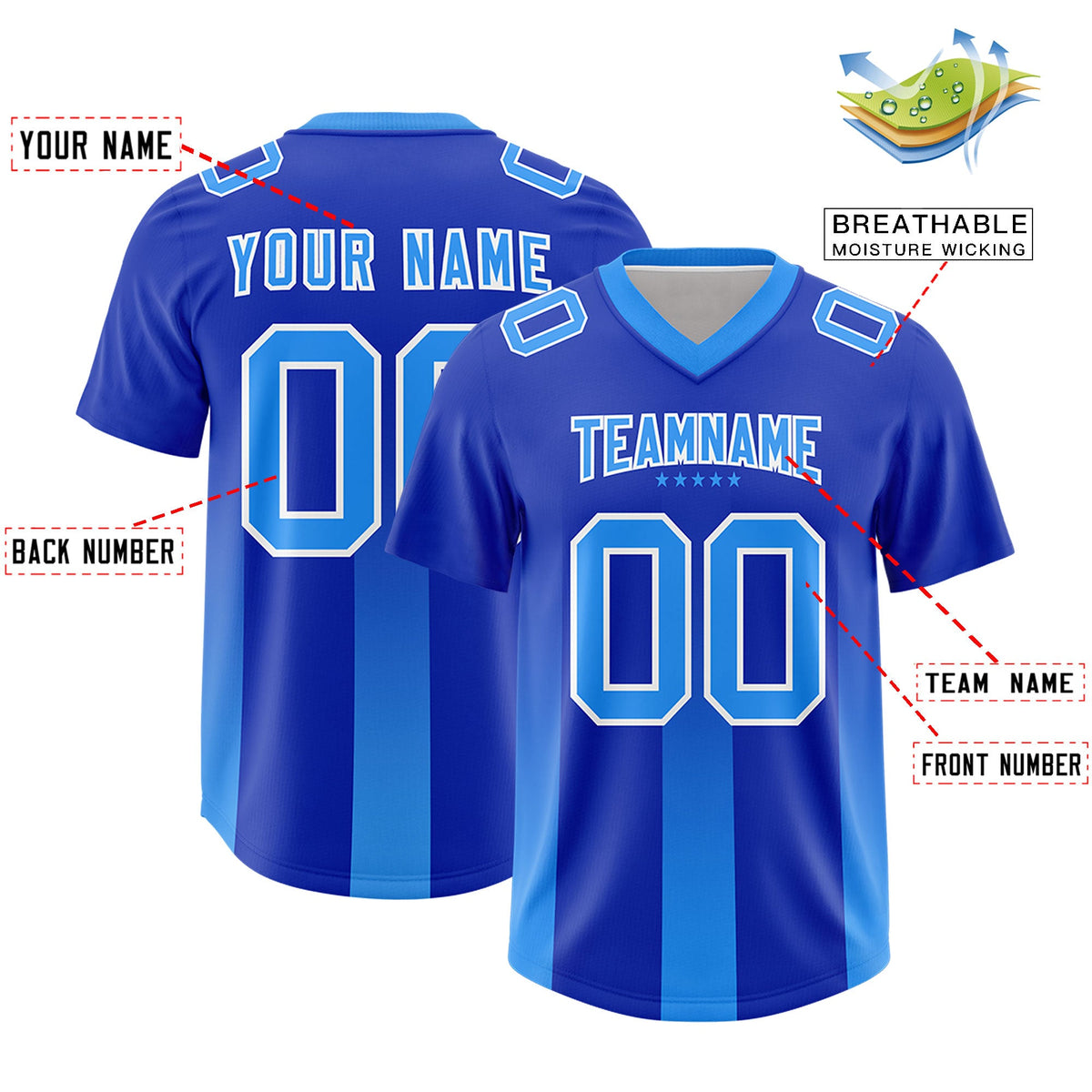Custom Royal Light Blue Vertical Width Stripe Gradient Fashion Personalized Team American Football Jersey