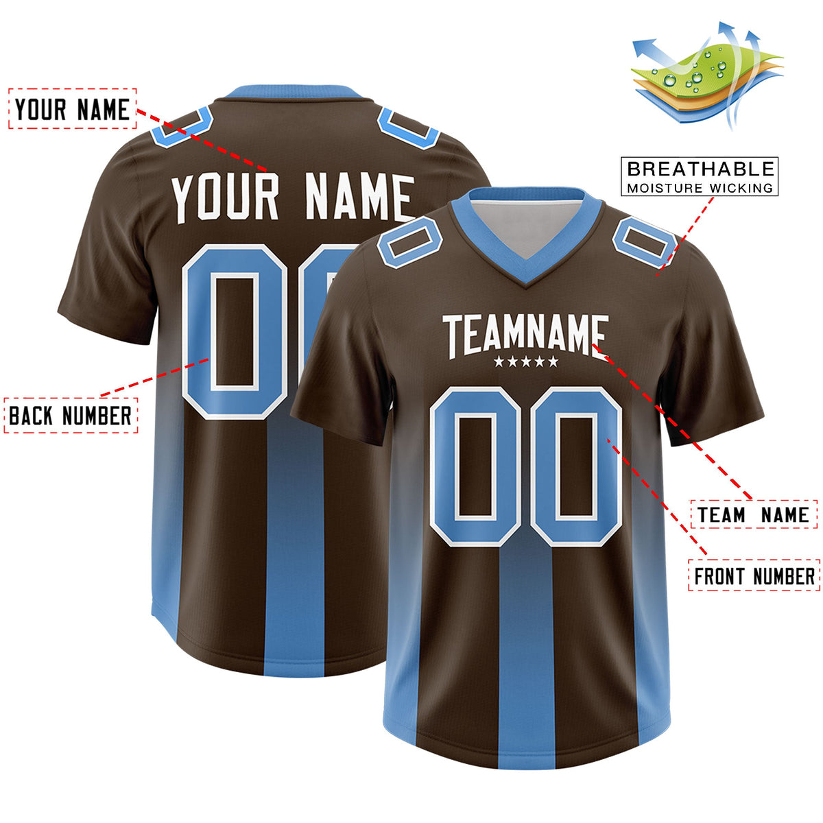 Custom Brown Powder Blue Vertical Width Stripe Gradient Fashion Personalized Team American Football Jersey