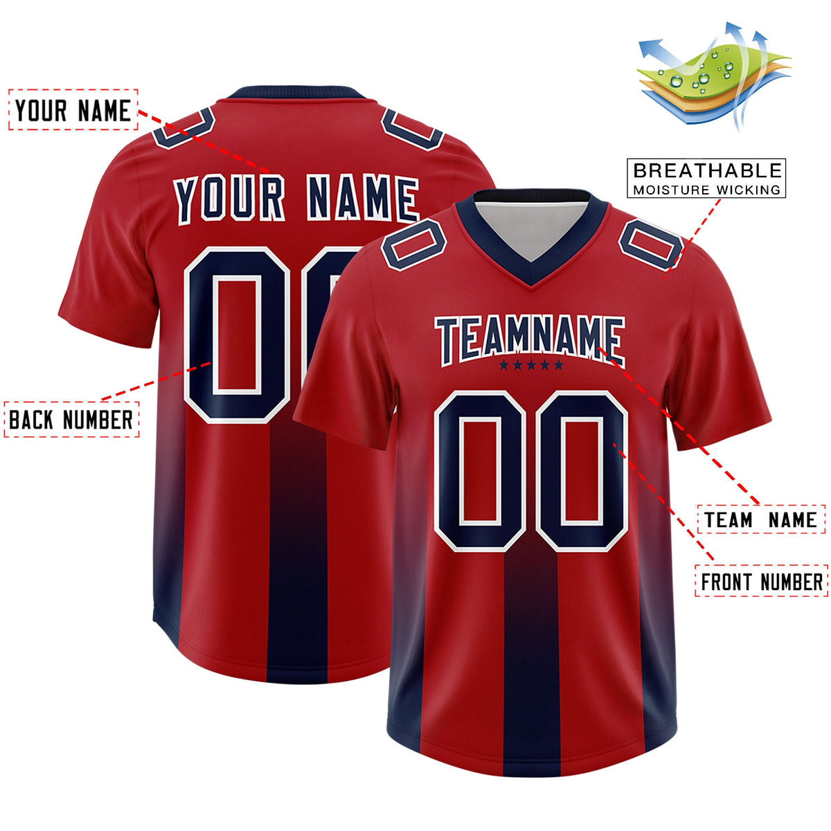 Custom Red Navy Vertical Width Stripe Gradient Fashion Personalized Team American Football Jersey
