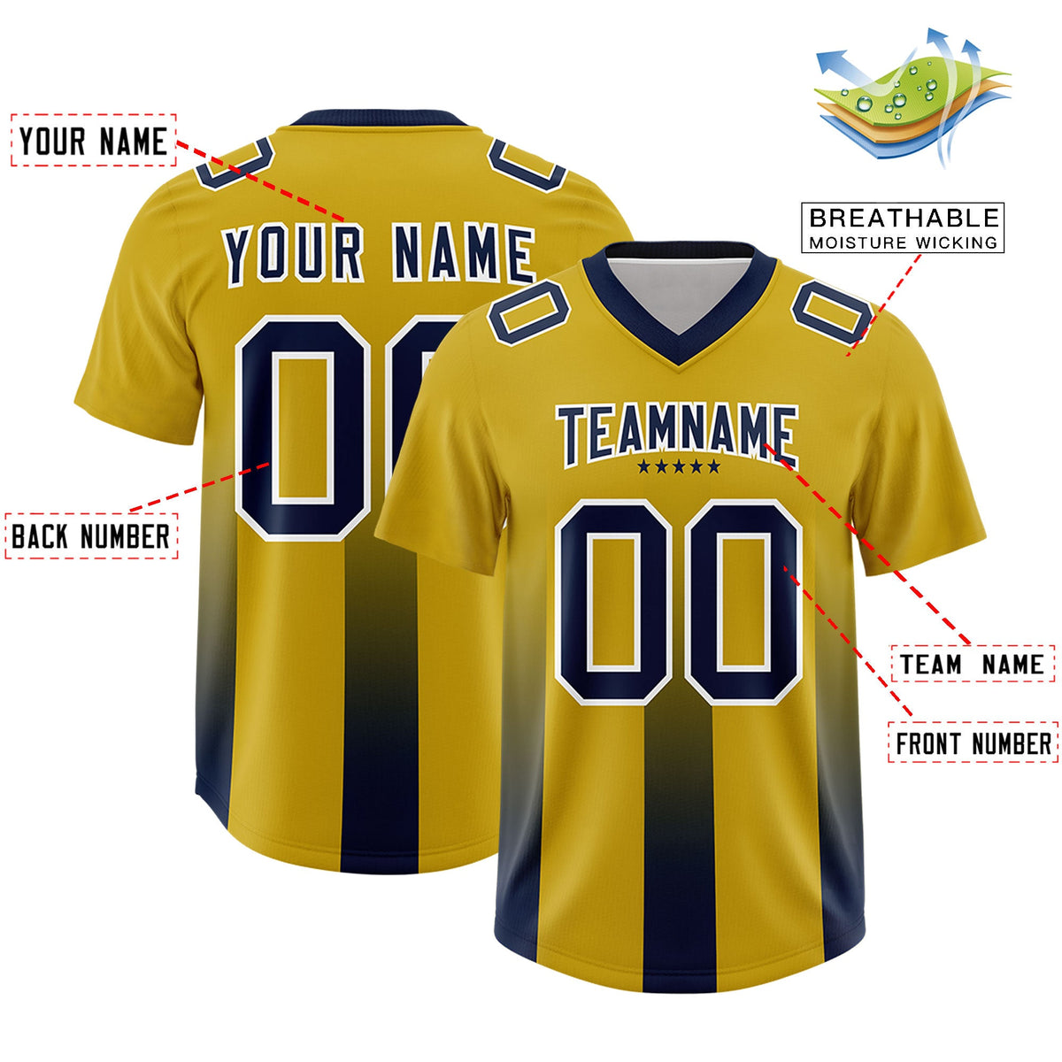 Custom Old Gold Navy Vertical Width Stripe Gradient Fashion Personalized Team American Football Jersey