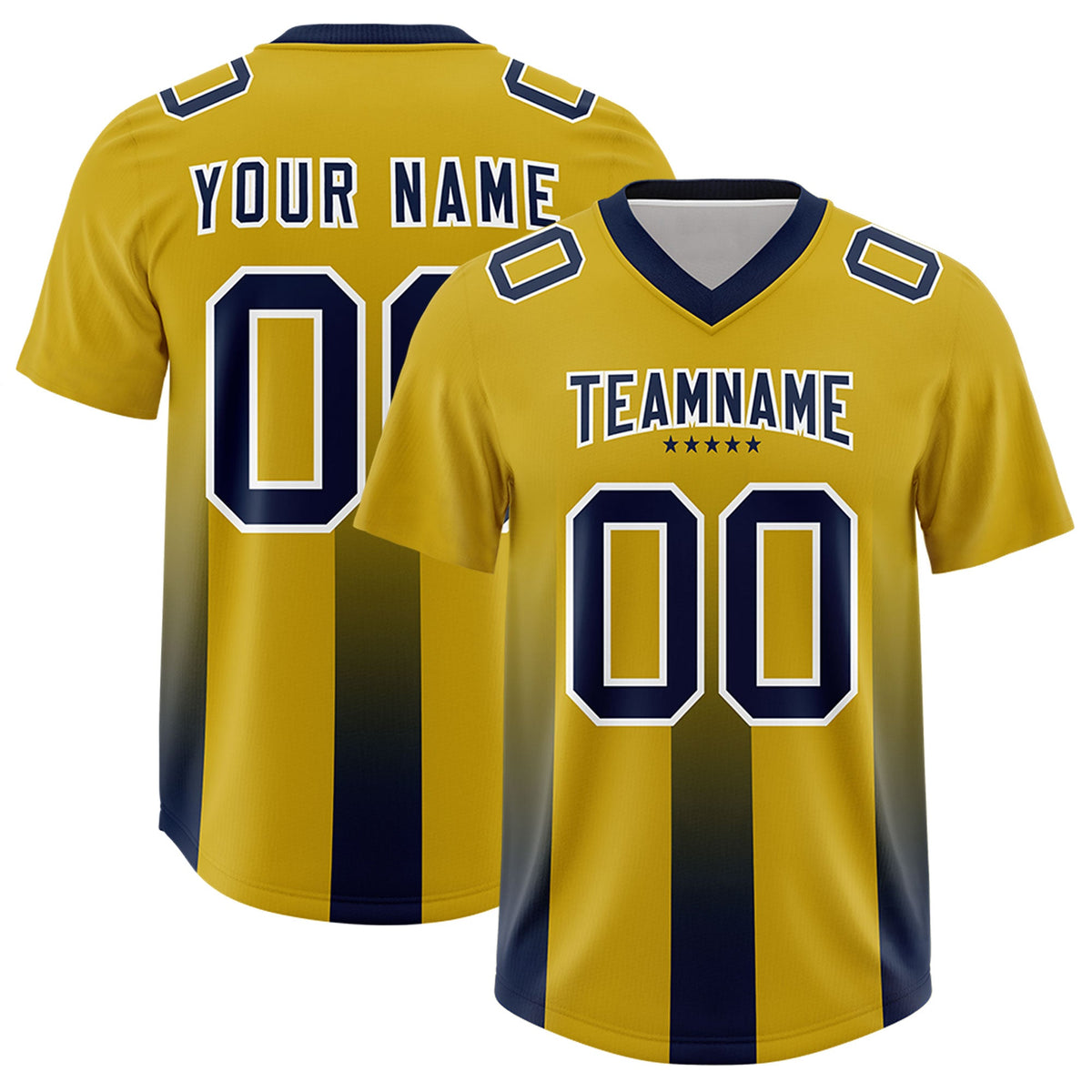 Custom Old Gold Navy Vertical Width Stripe Gradient Fashion Personalized Team American Football Jersey