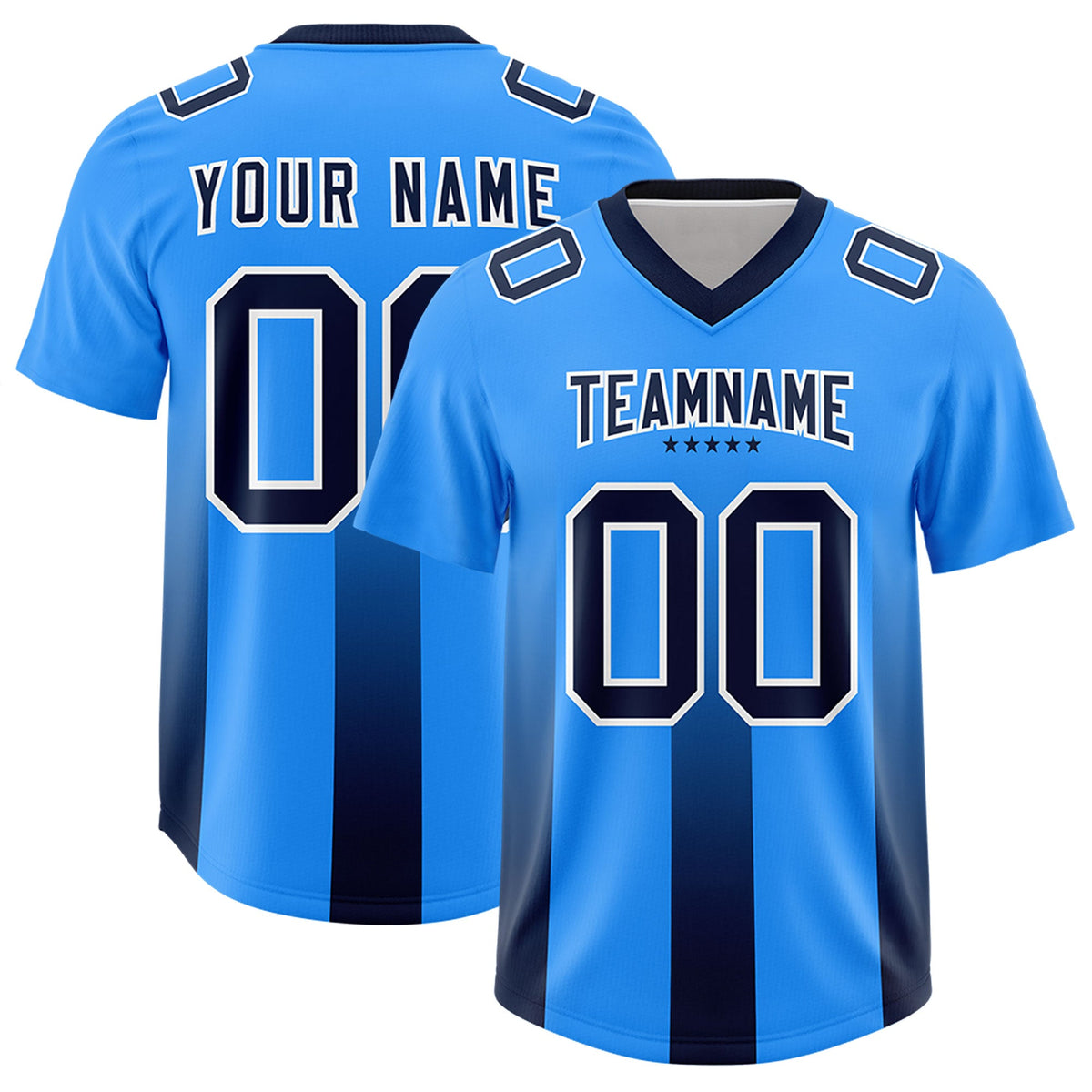 Custom Light Blue Navy Vertical Width Stripe Gradient Fashion Personalized Team American Football Jersey