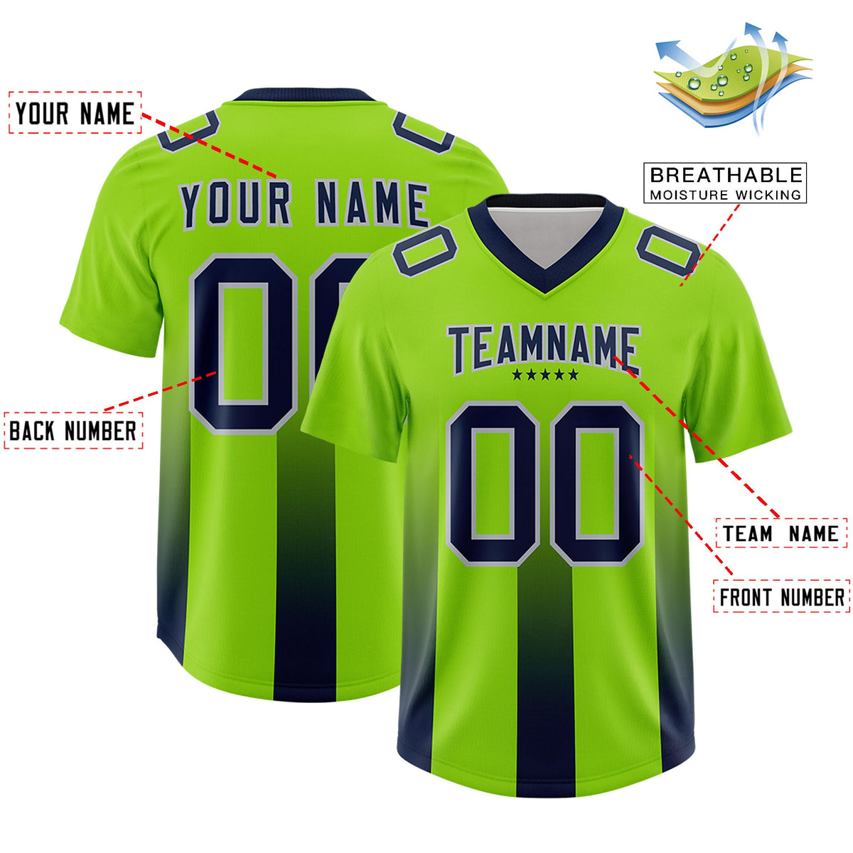 Custom Neon Green Navy Vertical Width Stripe Gradient Fashion Personalized Team American Football Jersey