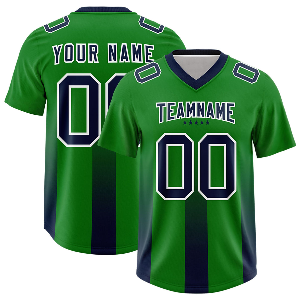 Custom Kelly Green Navy Vertical Width Stripe Gradient Fashion Personalized Team American Football Jersey