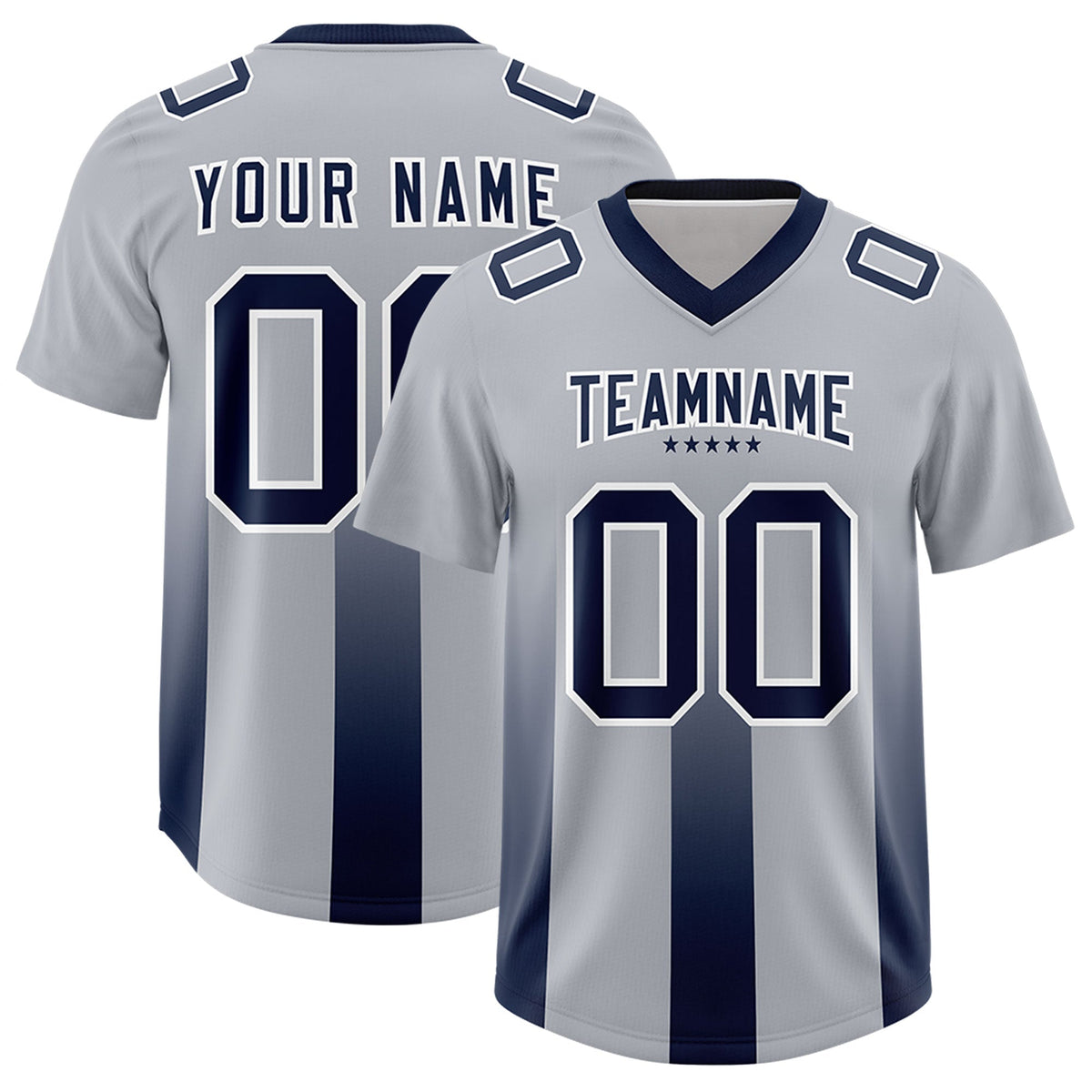 Custom Gray Navy Vertical Width Stripe Gradient Fashion Personalized Team American Football Jersey