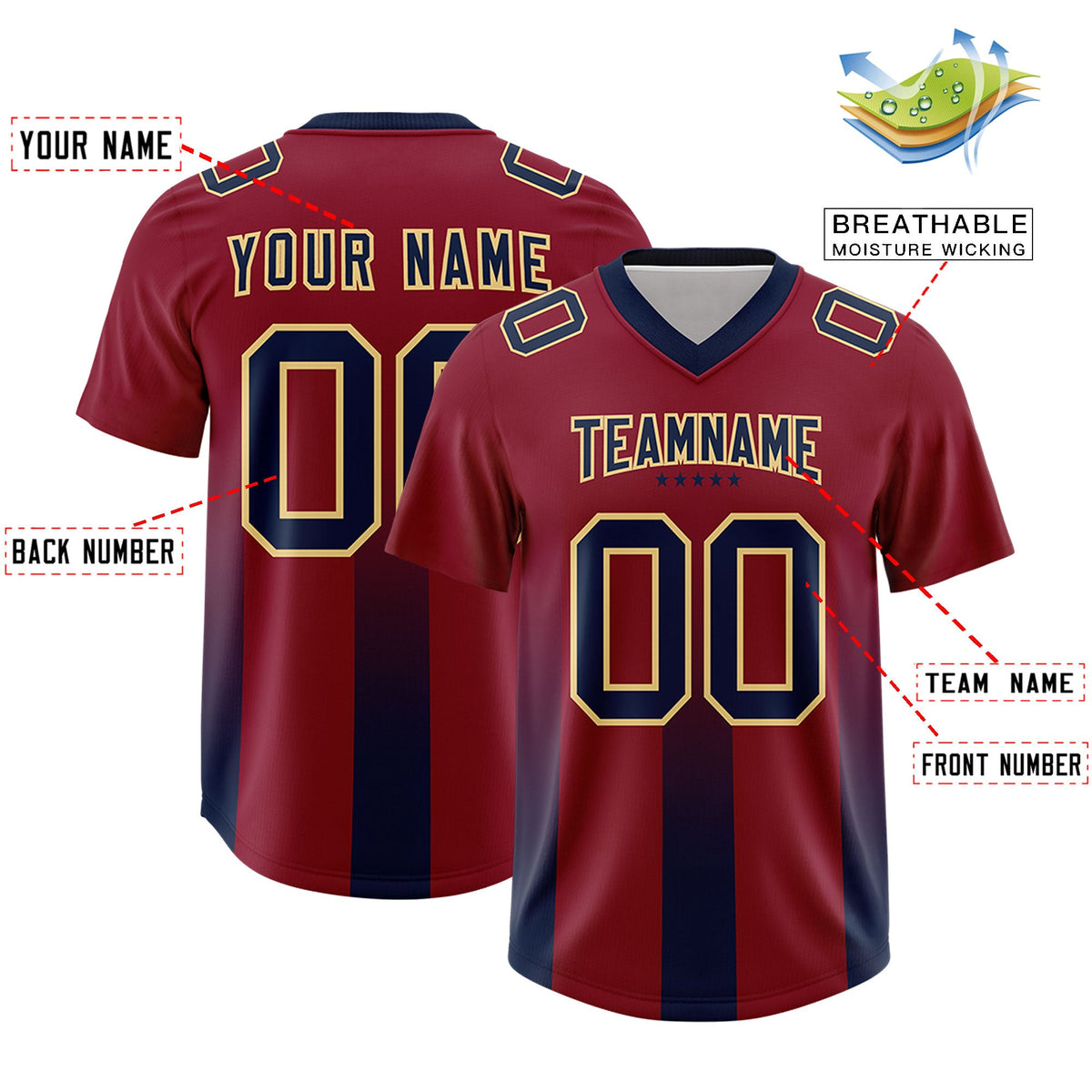 Custom Cardinal Navy Vertical Width Stripe Gradient Fashion Personalized Team American Football Jersey
