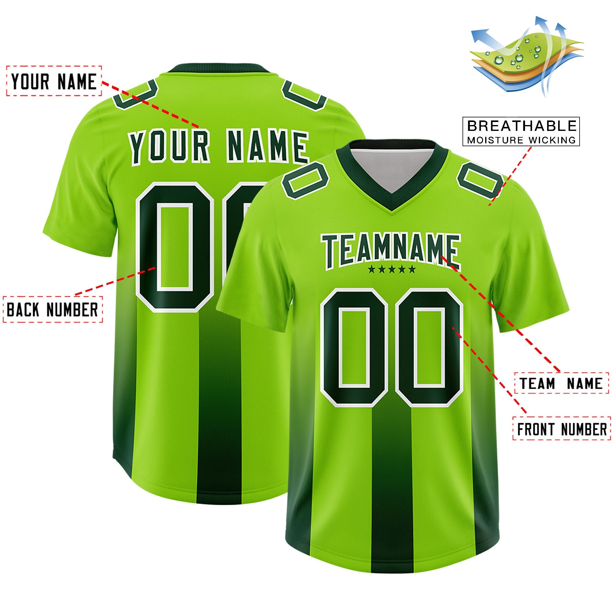 Custom Neon Green Green Vertical Width Stripe Gradient Fashion Personalized Team American Football Jersey