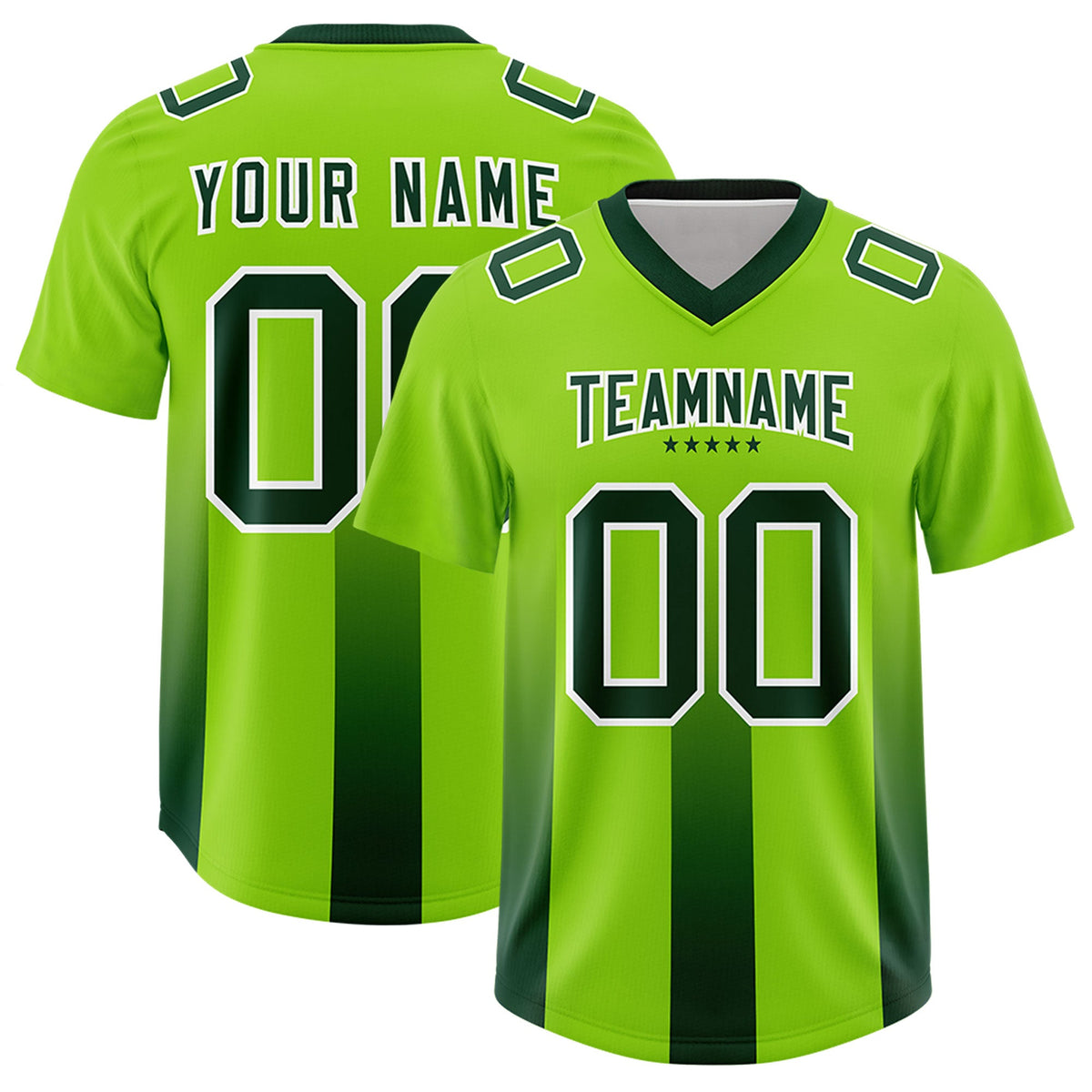 Custom Neon Green Green Vertical Width Stripe Gradient Fashion Personalized Team American Football Jersey