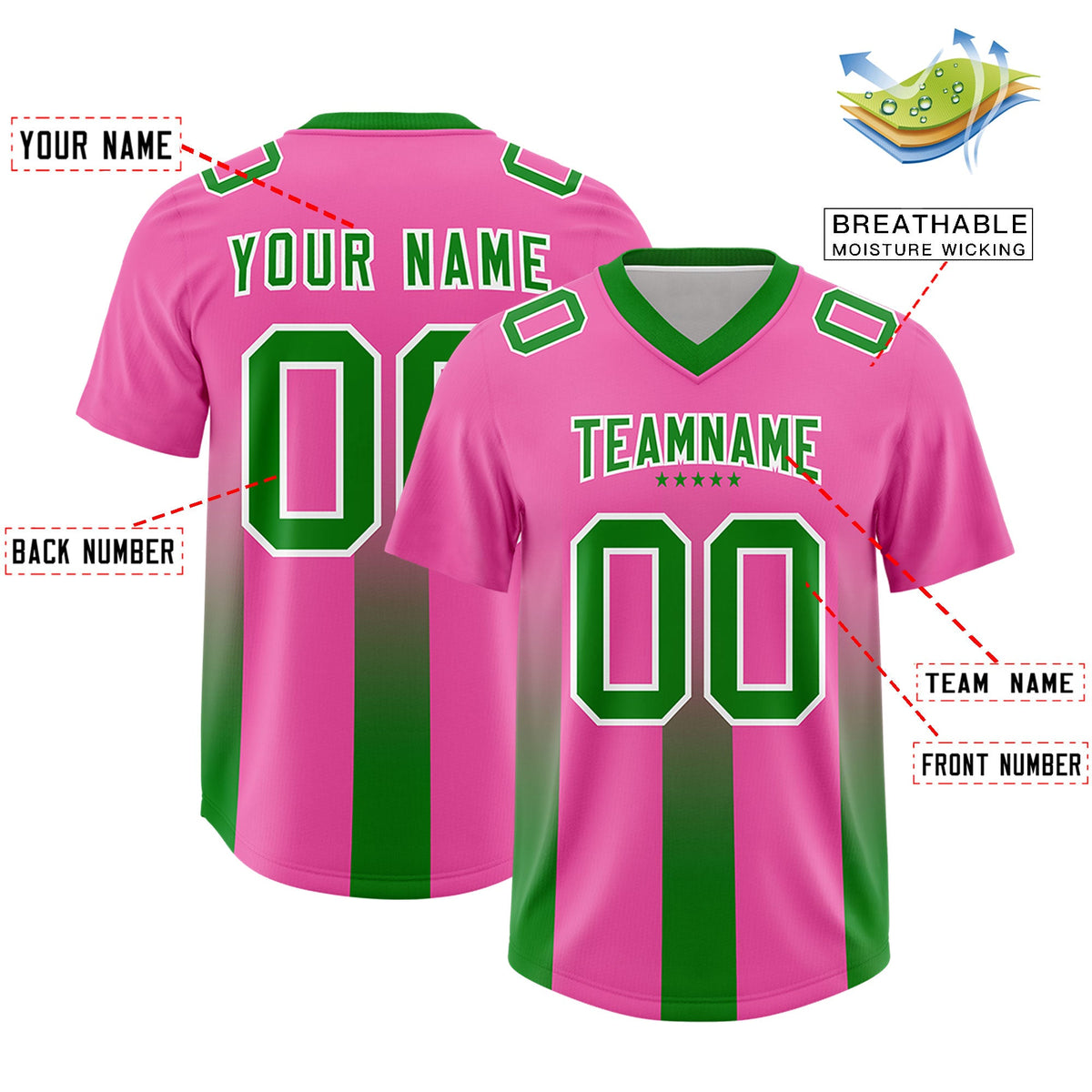 Custom Pink Kelly Green Vertical Width Stripe Gradient Fashion Personalized Team American Football Jersey