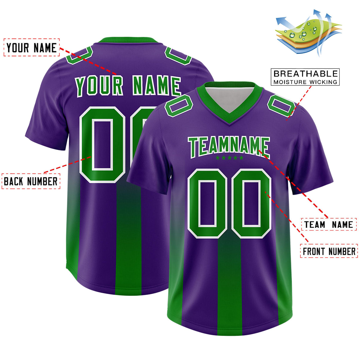Custom Purple Kelly Green Vertical Width Stripe Gradient Fashion Personalized Team American Football Jersey