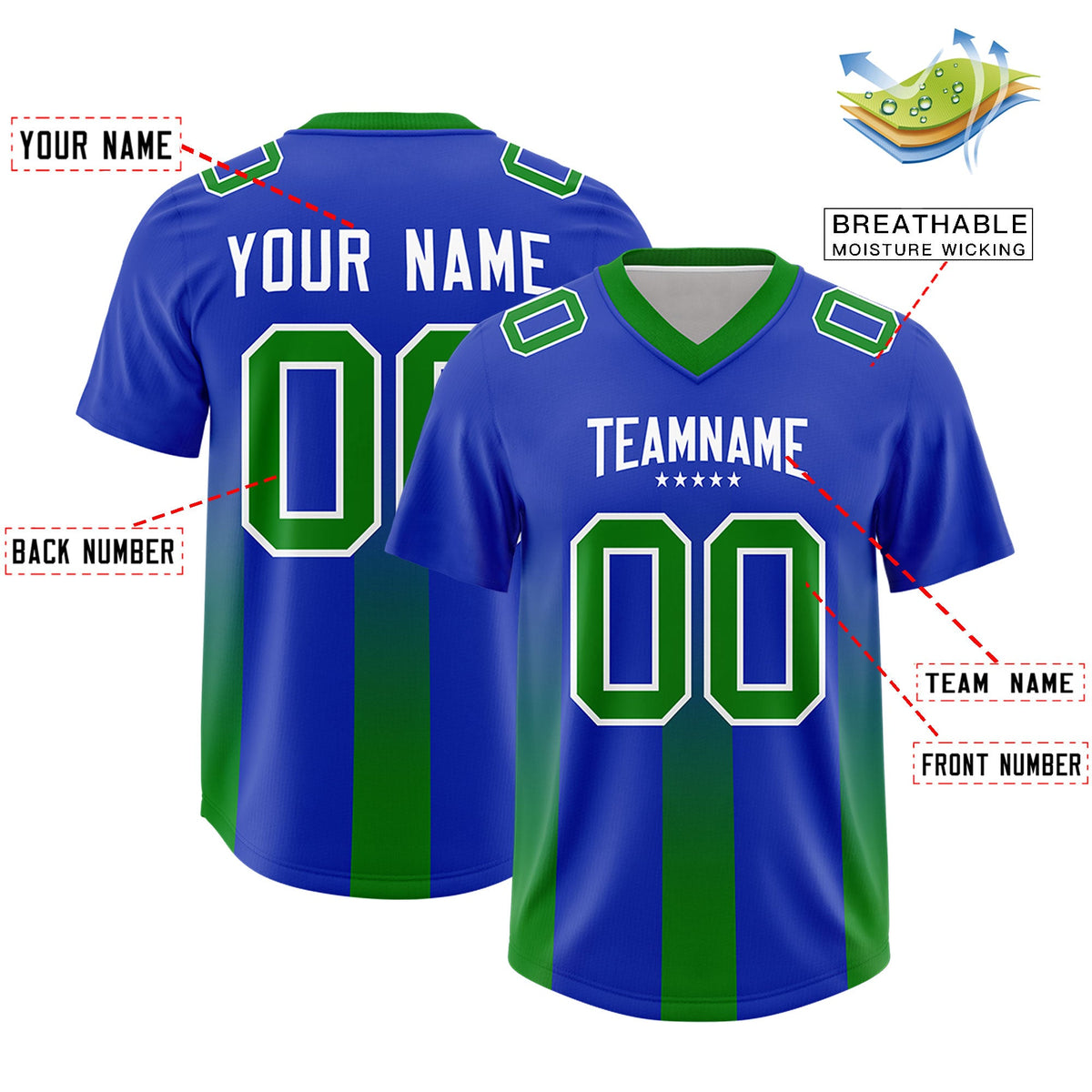 Custom Royal Kelly Green Vertical Width Stripe Gradient Fashion Personalized Team American Football Jersey