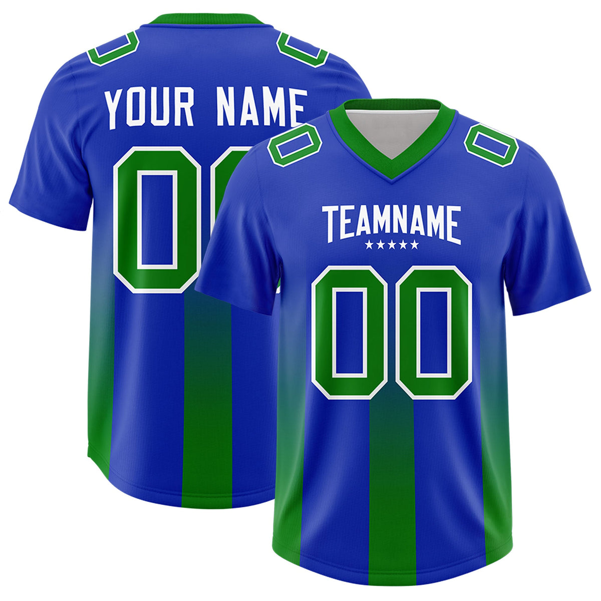 Custom Royal Kelly Green Vertical Width Stripe Gradient Fashion Personalized Team American Football Jersey