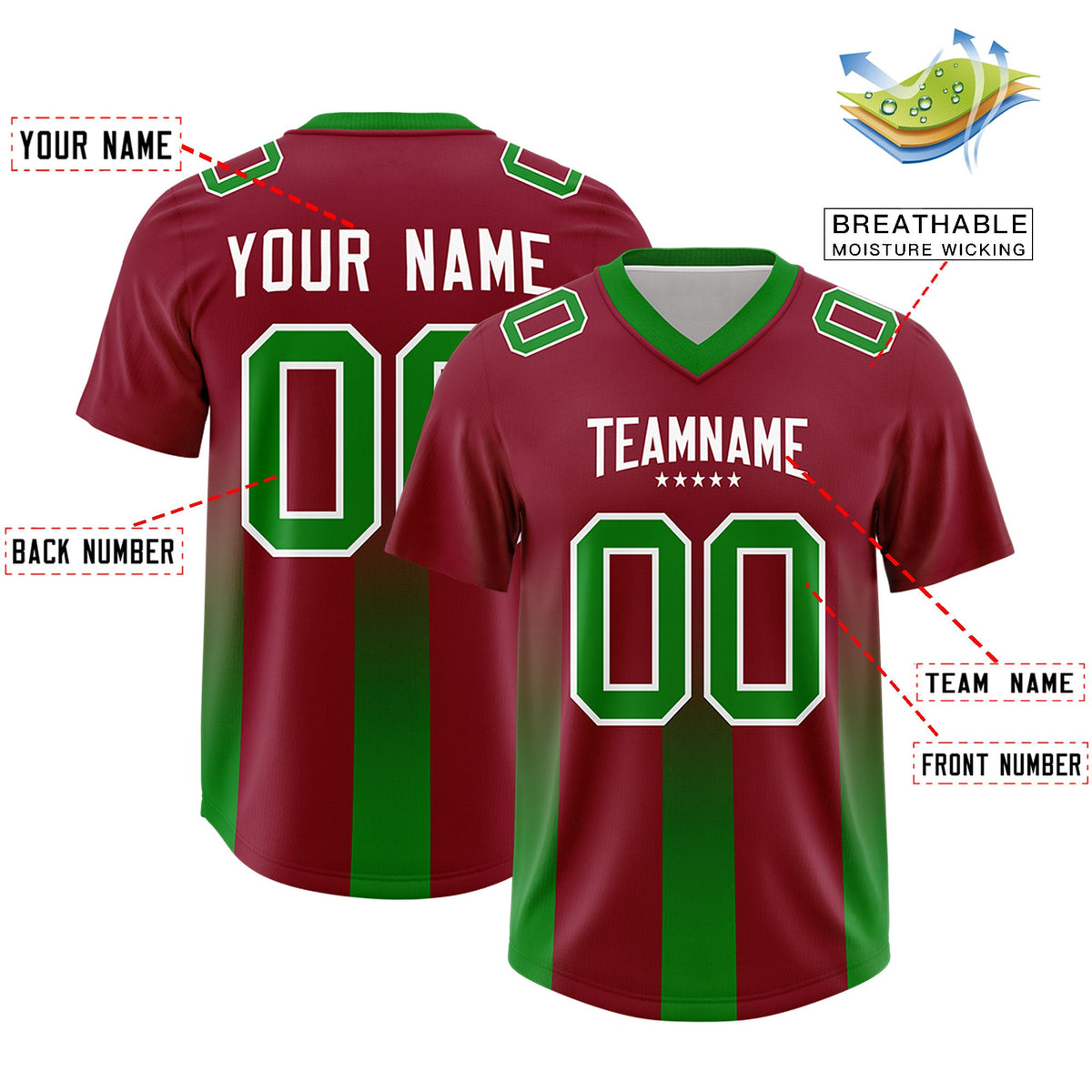 Custom Cardinal Kelly Green Vertical Width Stripe Gradient Fashion Personalized Team American Football Jersey