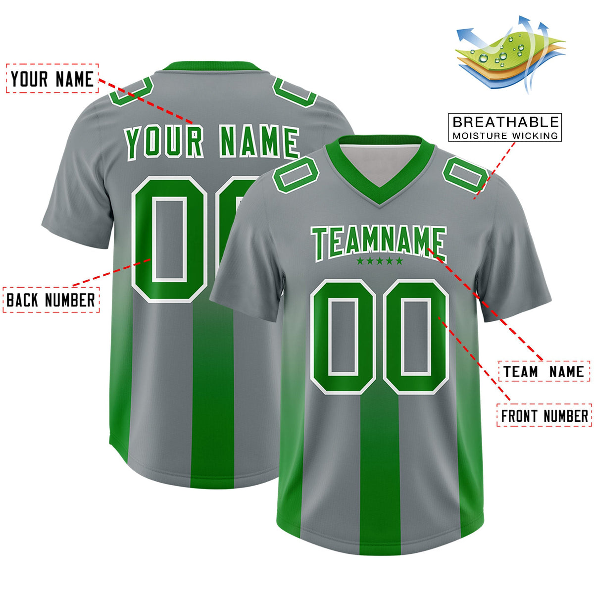 Custom Dark Gray Kelly Green Vertical Width Stripe Gradient Fashion Personalized Team American Football Jersey