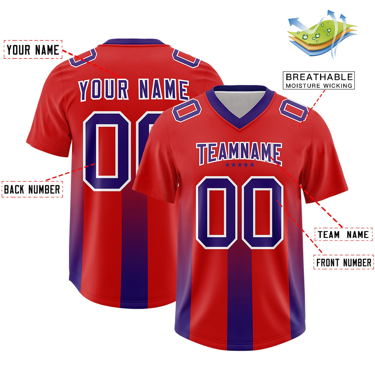Custom Red Purple Vertical Width Stripe Gradient Fashion Personalized Team American Football Jersey