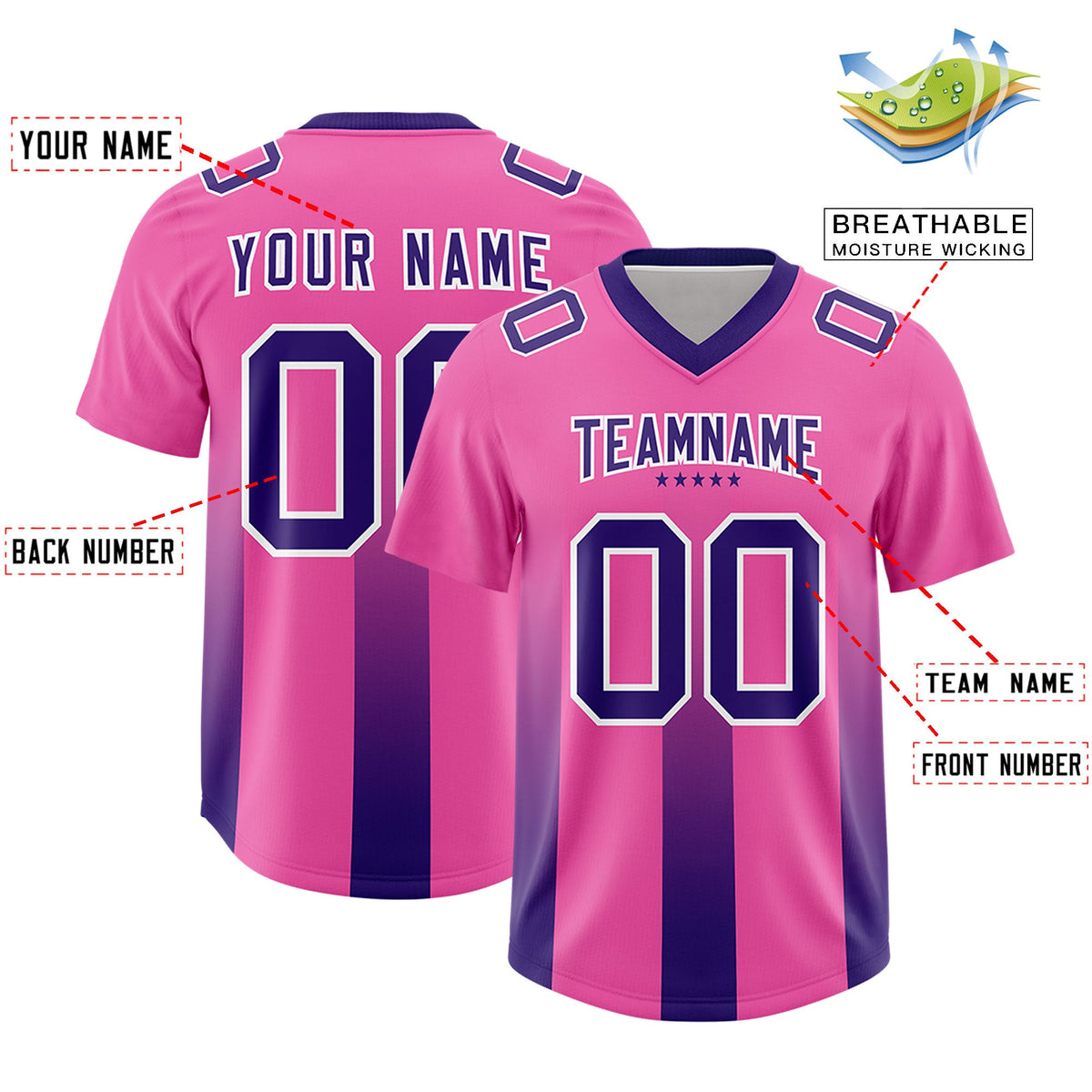 Custom Pink Purple Vertical Width Stripe Gradient Fashion Personalized Team American Football Jersey