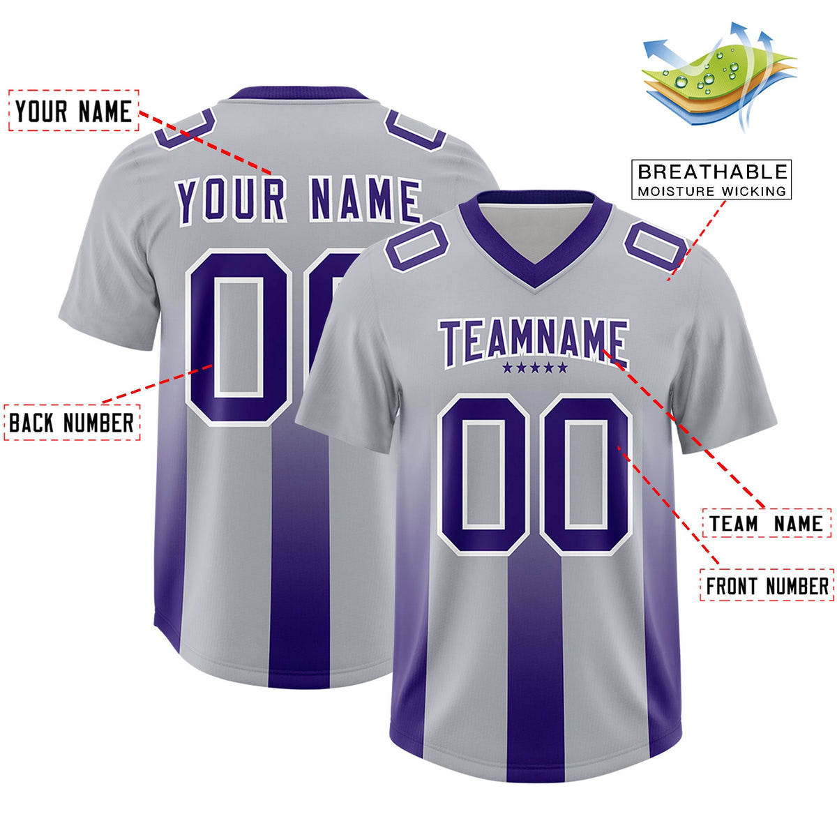 Custom Gray Purple Vertical Width Stripe Gradient Fashion Personalized Team American Football Jersey