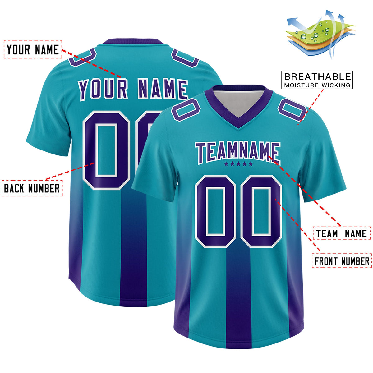 Custom Aqua Purple Vertical Width Stripe Gradient Fashion Personalized Team American Football Jersey