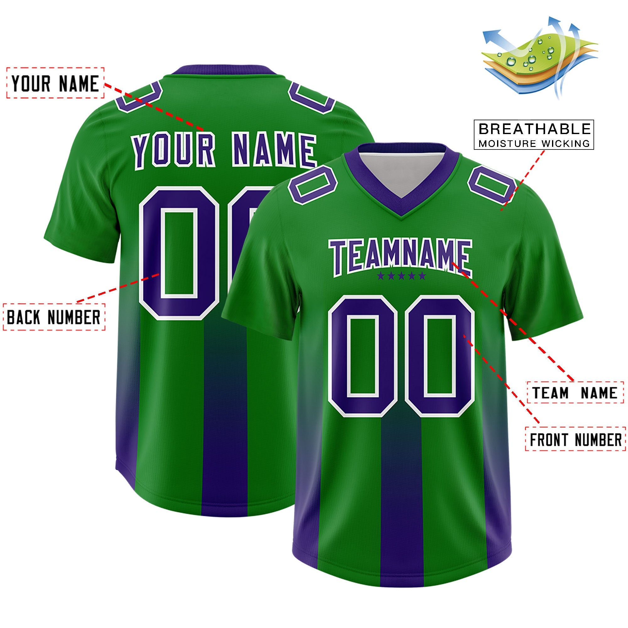 Custom Kelly Green Purple Vertical Width Stripe Gradient Fashion Personalized Team American Football Jersey