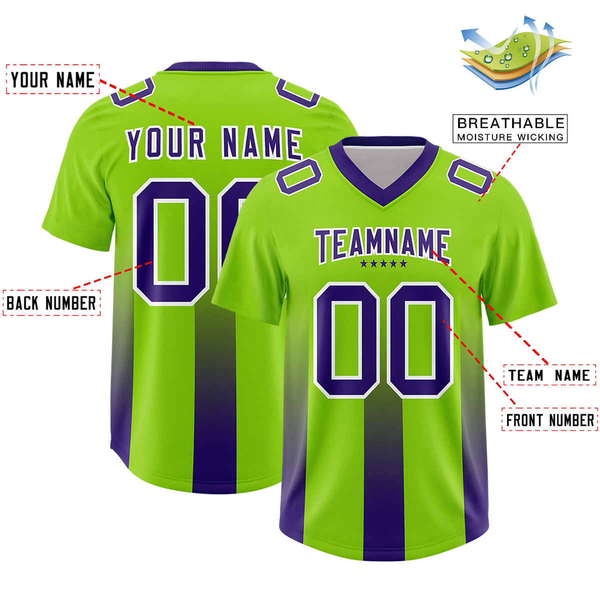 Custom Neon Green Purple Vertical Width Stripe Gradient Fashion Personalized Team American Football Jersey