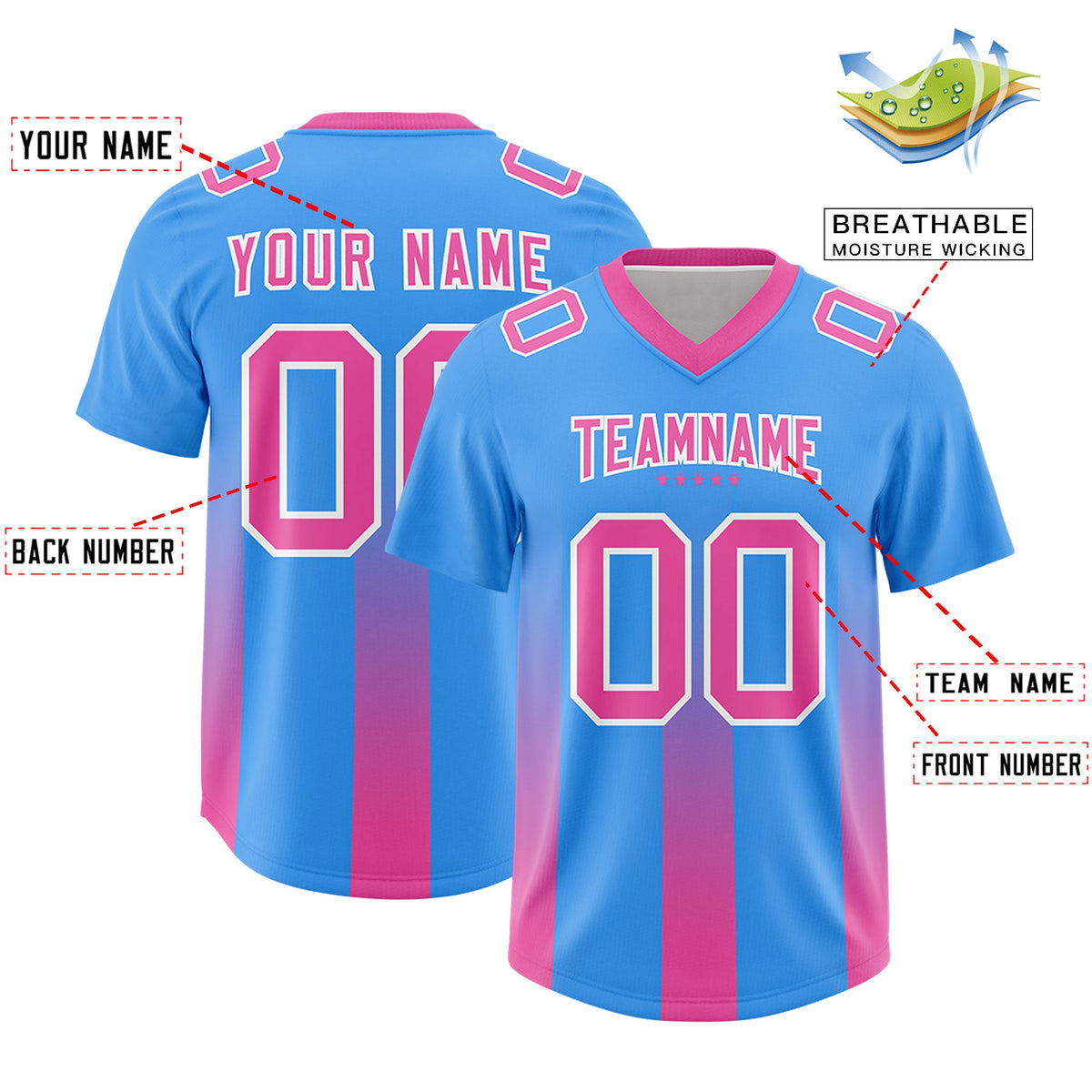 Custom Light Blue Pink Vertical Width Stripe Gradient Fashion Personalized Team American Football Jersey