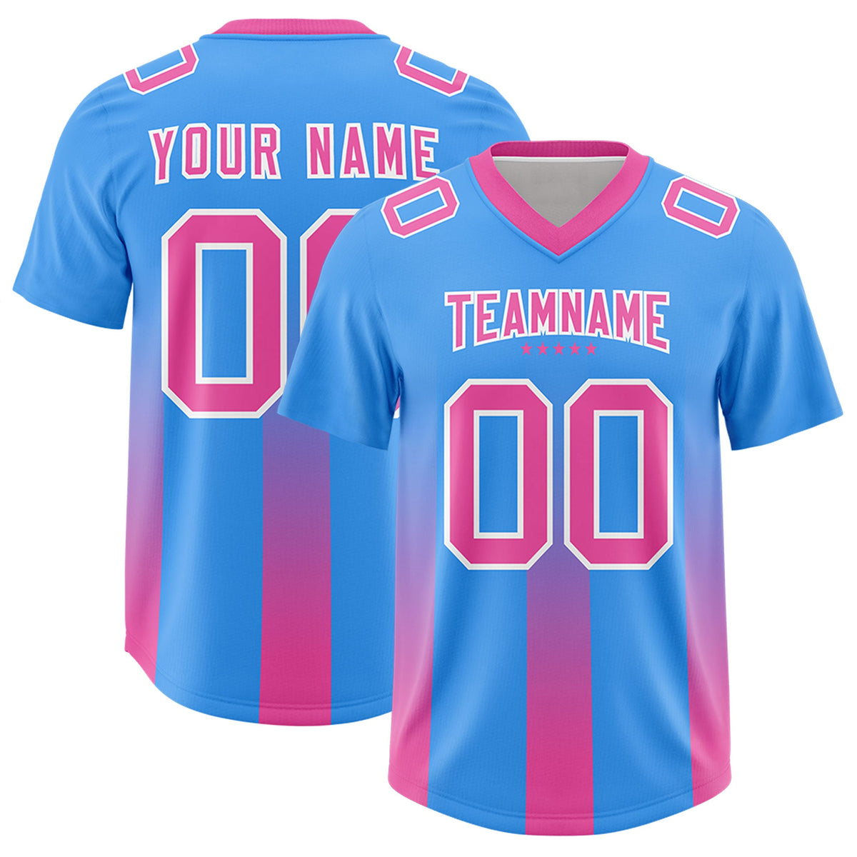 Custom Light Blue Pink Vertical Width Stripe Gradient Fashion Personalized Team American Football Jersey
