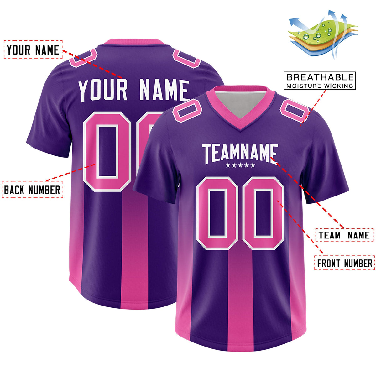 Custom Purple Pink Vertical Width Stripe Gradient Fashion Personalized Team American Football Jersey
