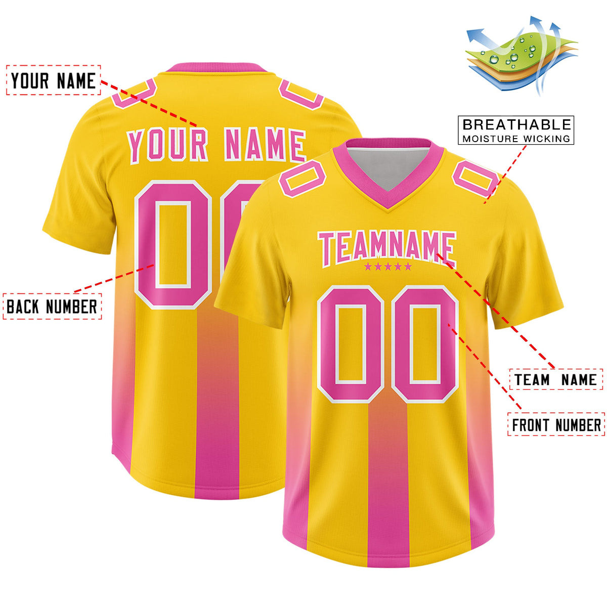 Custom Yellow Pink Vertical Width Stripe Gradient Fashion Personalized Team American Football Jersey