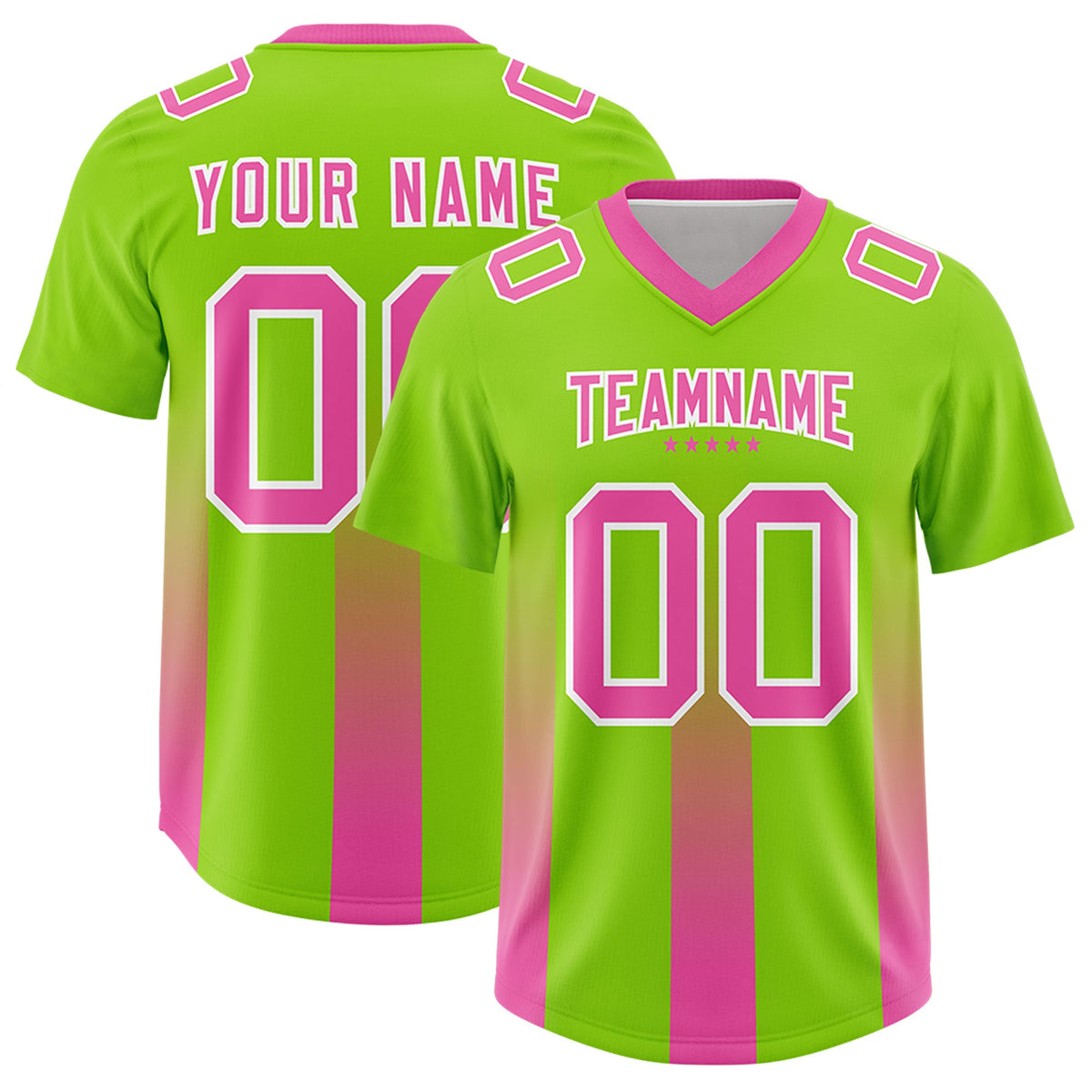 Custom Neon Green Pink Vertical Width Stripe Gradient Fashion Personalized Team American Football Jersey