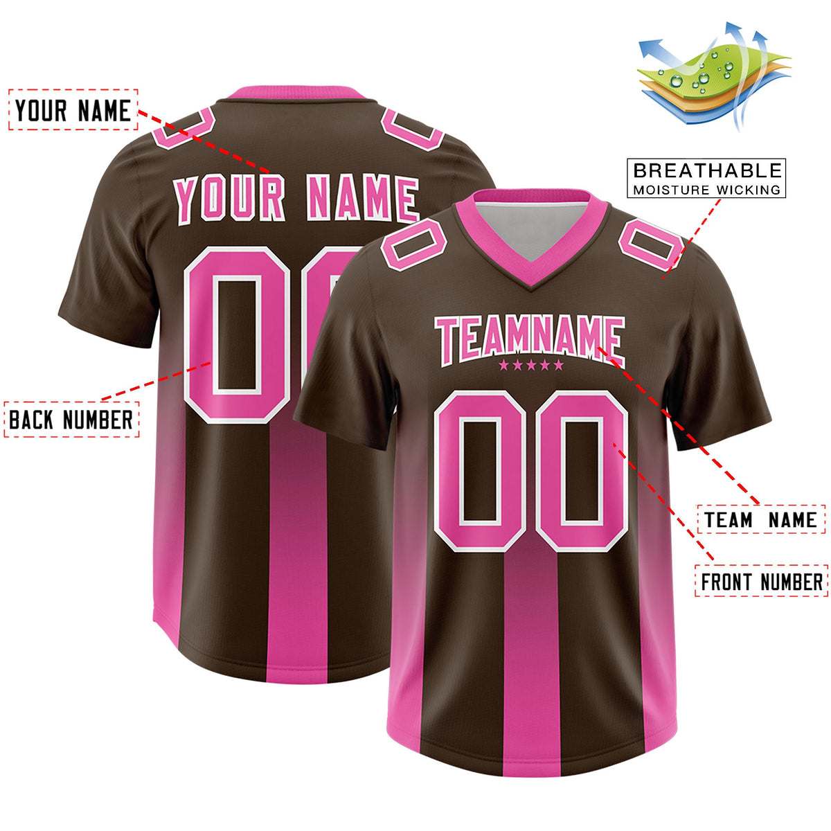 Custom Brown Pink Vertical Width Stripe Gradient Fashion Personalized Team American Football Jersey
