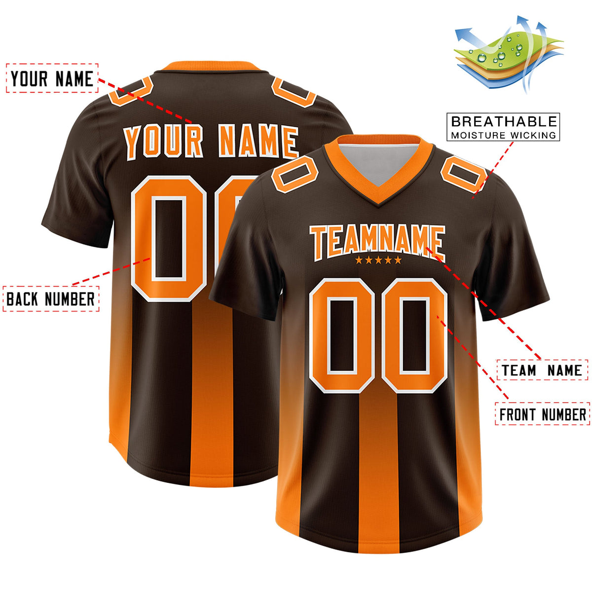 Custom Brown Orange Vertical Width Stripe Gradient Fashion Personalized Team American Football Jersey